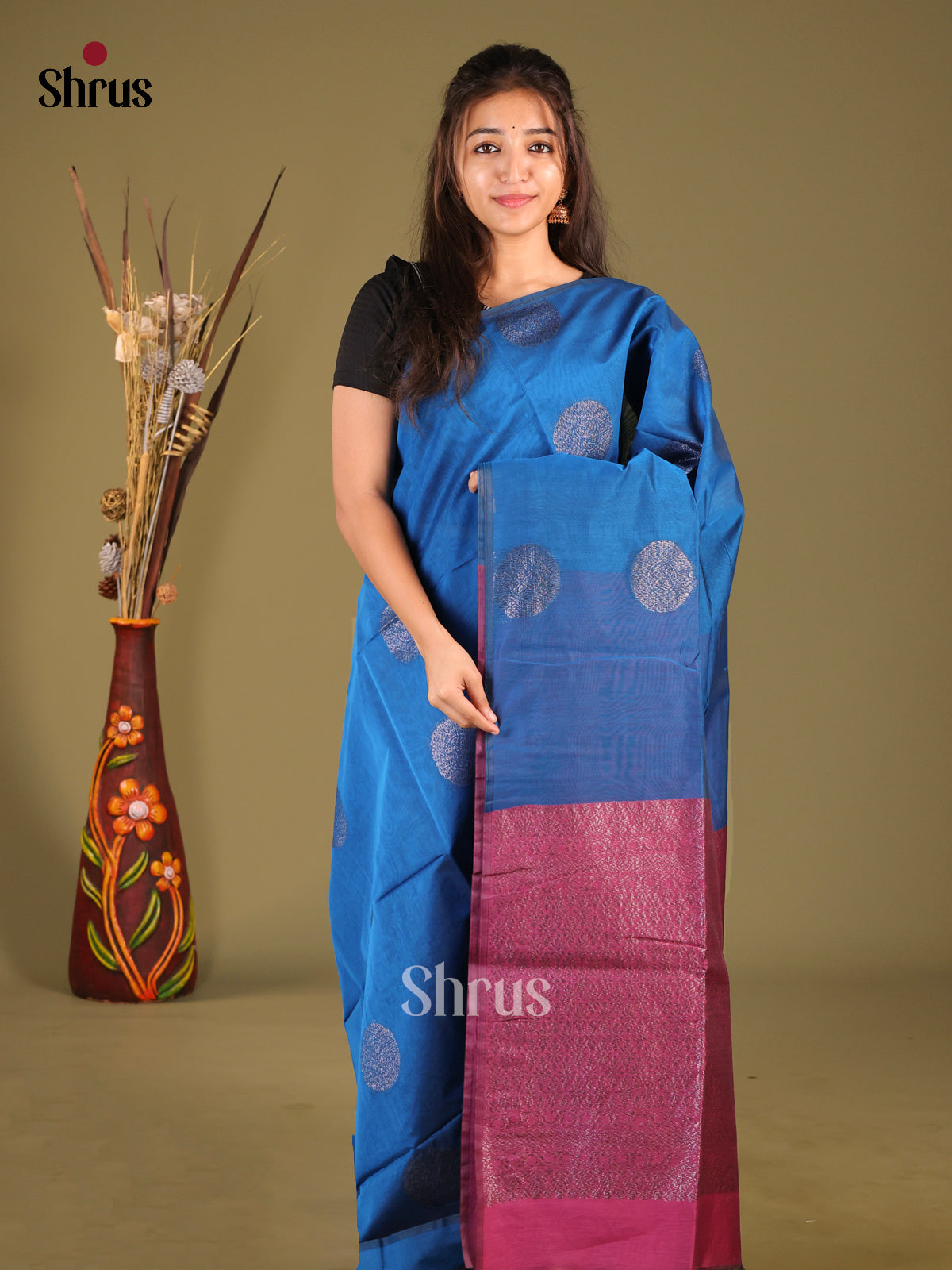 Blue & Maroon - Semi Silkcotton Saree