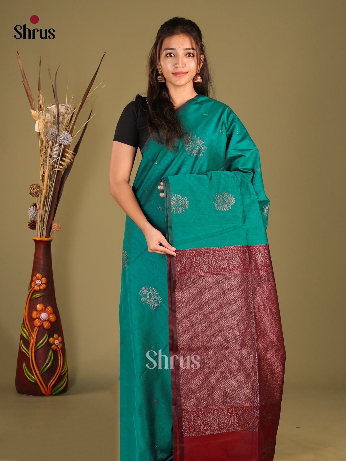 Green & Maroon - Semi Silkcotton Saree