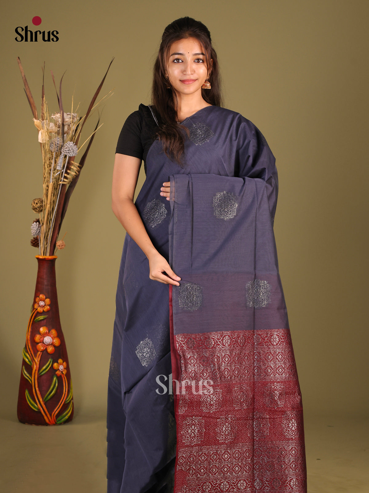 Blue & Maroon - Semi Silkcotton Saree