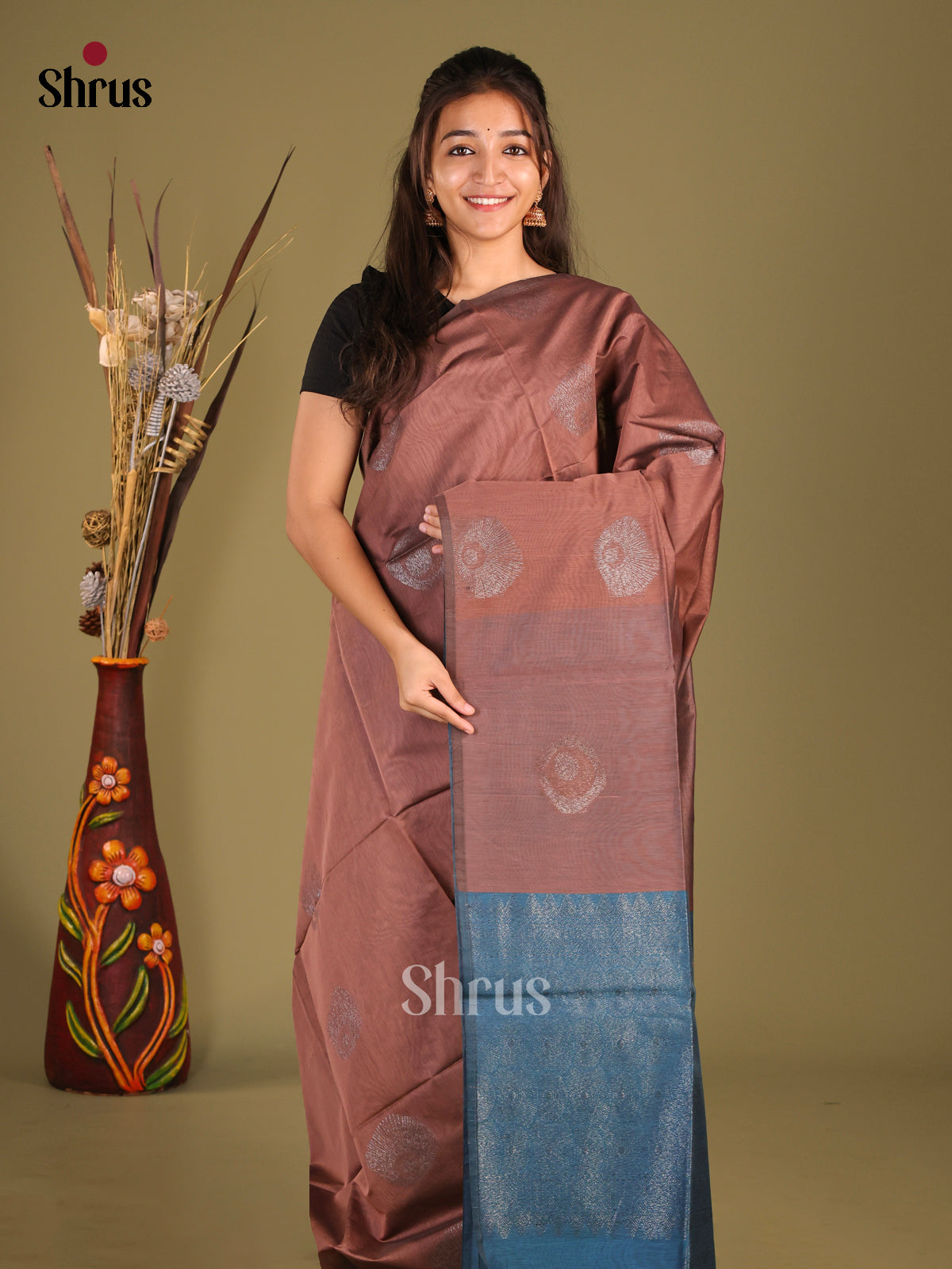 Brown & Blue - Semi Silkcotton Saree