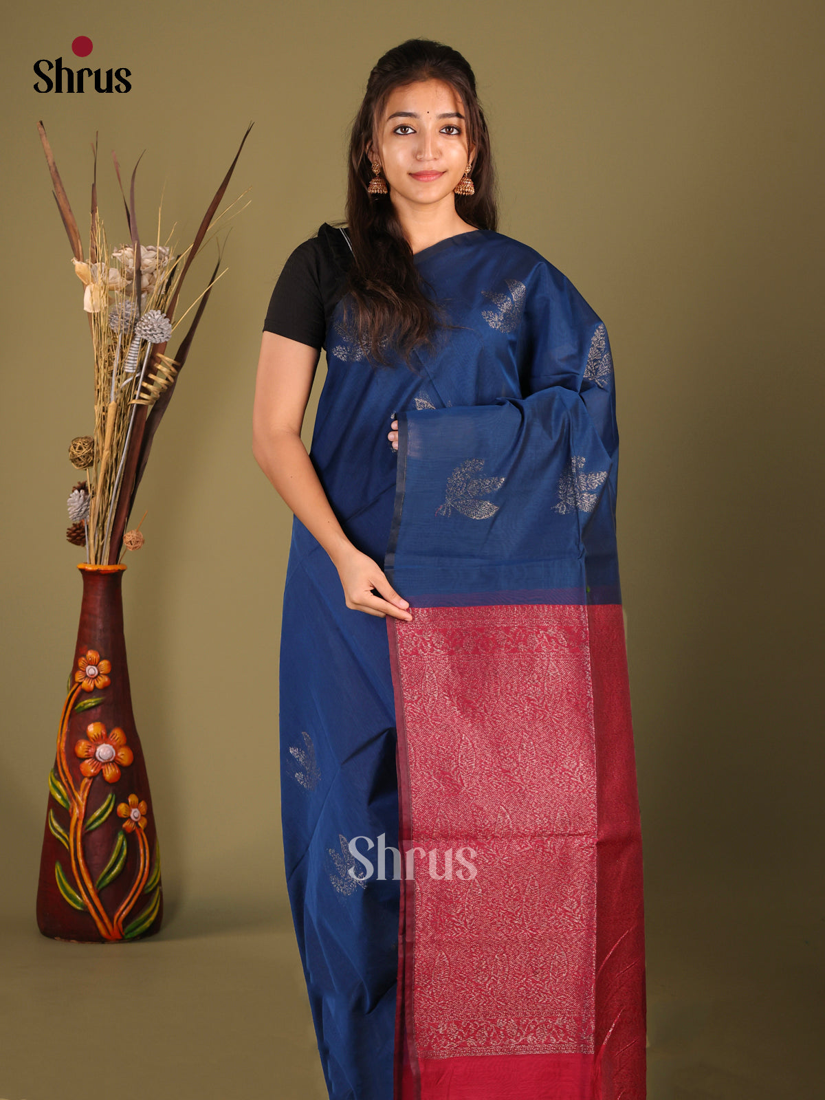 Blue & Maroon - Semi Silkcotton Saree