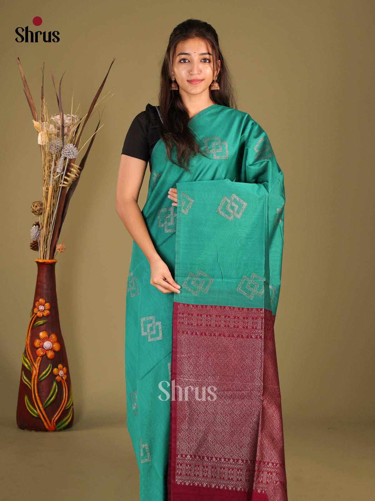 Green & maroon - Semi Silkcotton Saree - Shop on Shrus.com