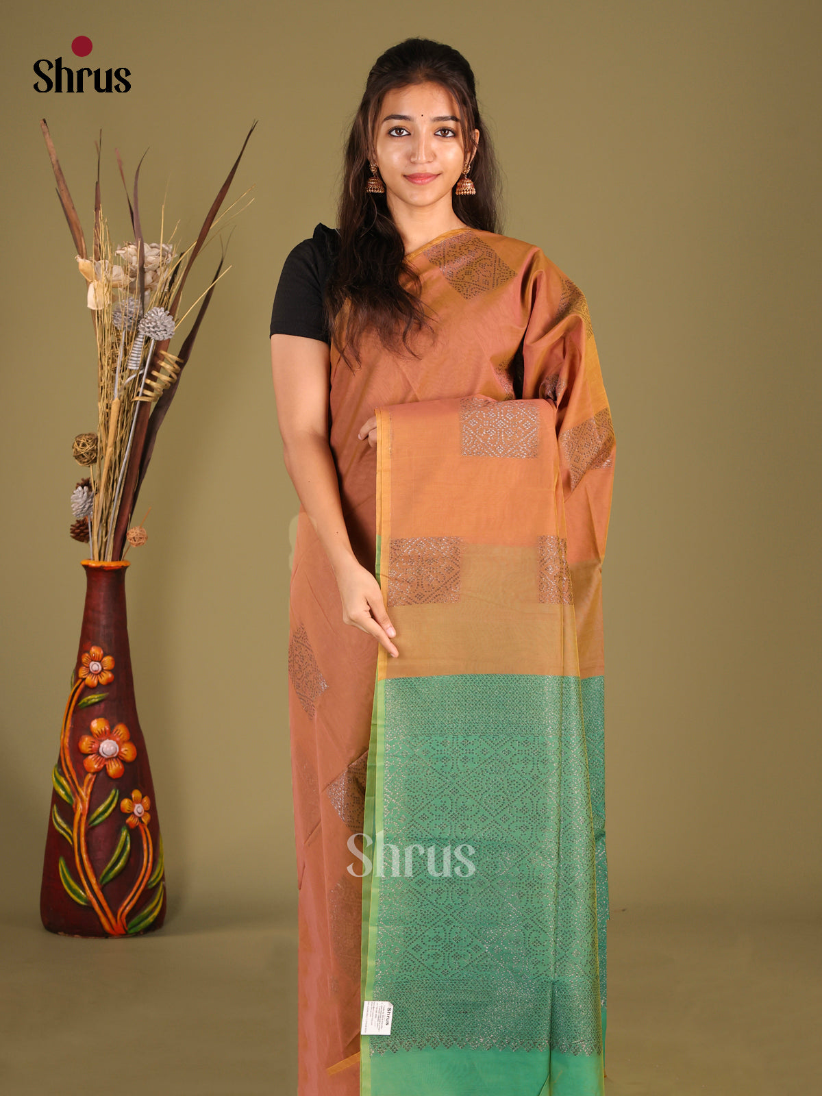 Brown & Green - Semi Silkcotton Saree