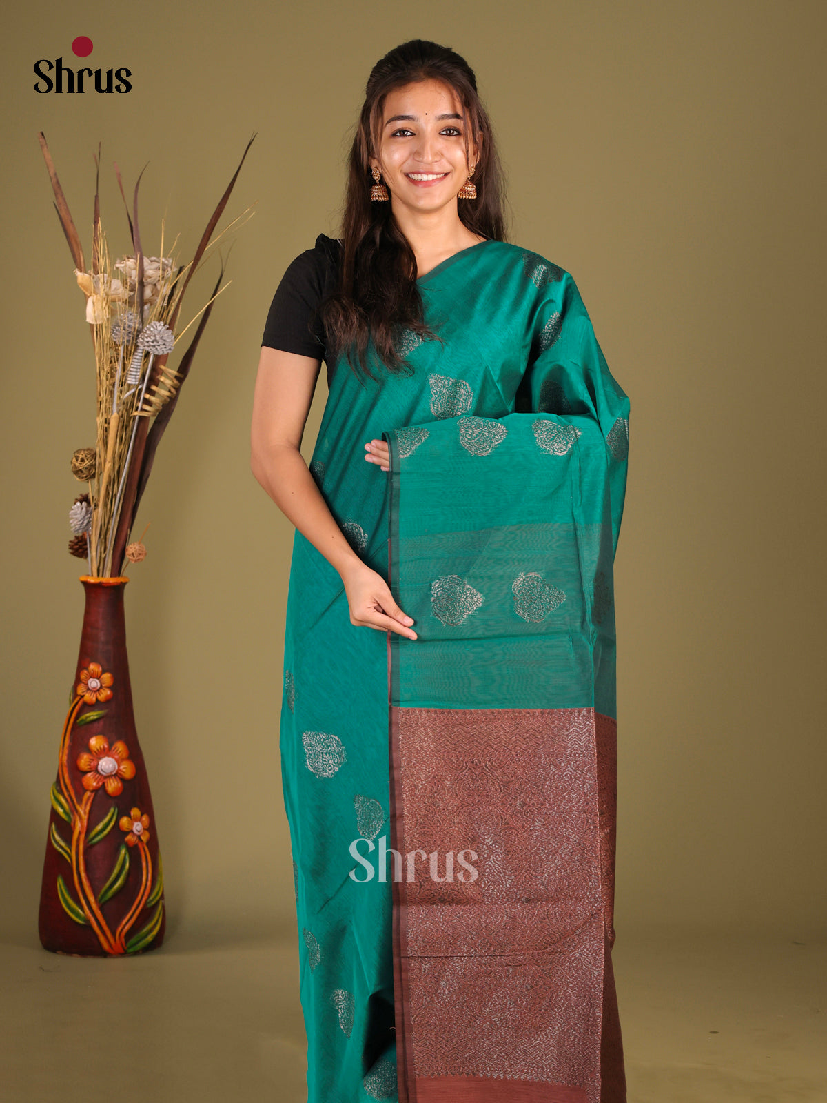 Green & Brown - Semi Silkcotton Saree - Shop on Shrus.com