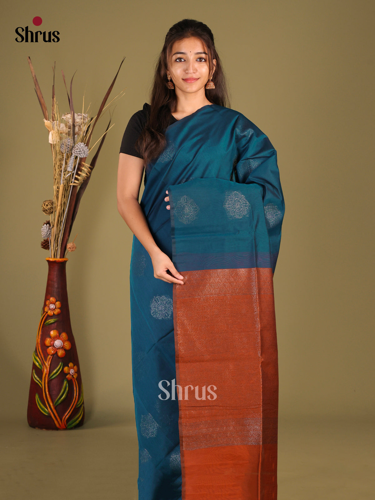 Blue & Rust- Semi Silkcotton Saree