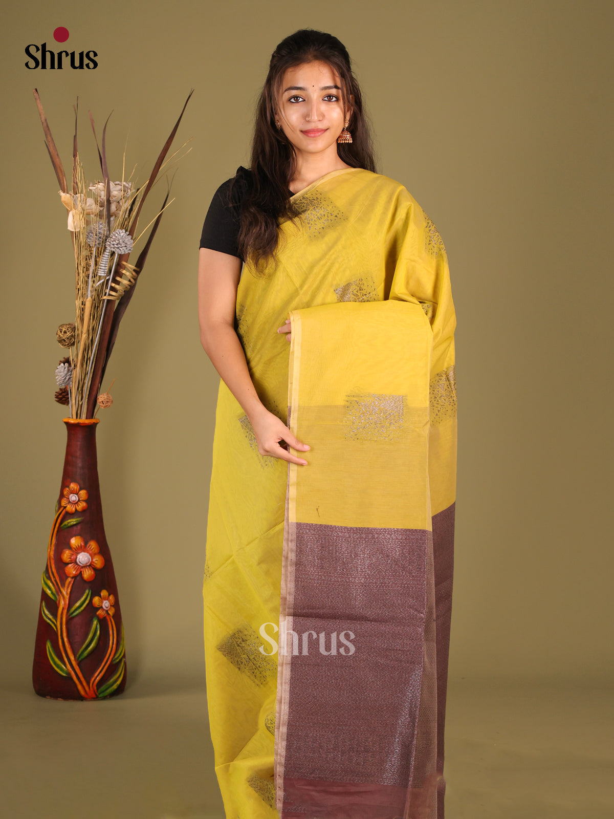 Mustardy Green & brown - Semi Silkcotton Saree - Shop on Shrus.com