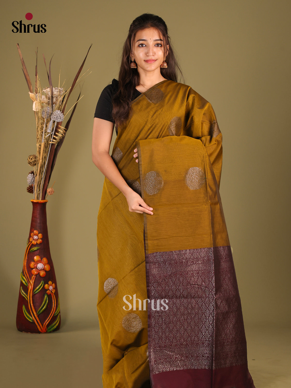 Mehandi & maroon - Semi Silkcotton Saree - Shop on Shrus.com