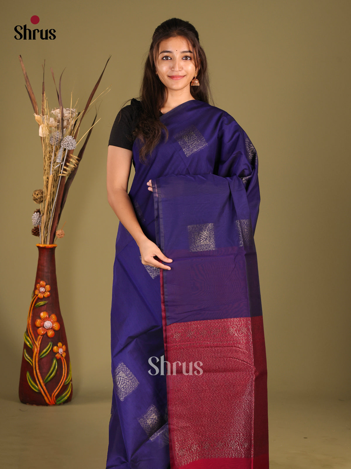 Blue & Maroon - Semi Silkcotton Saree