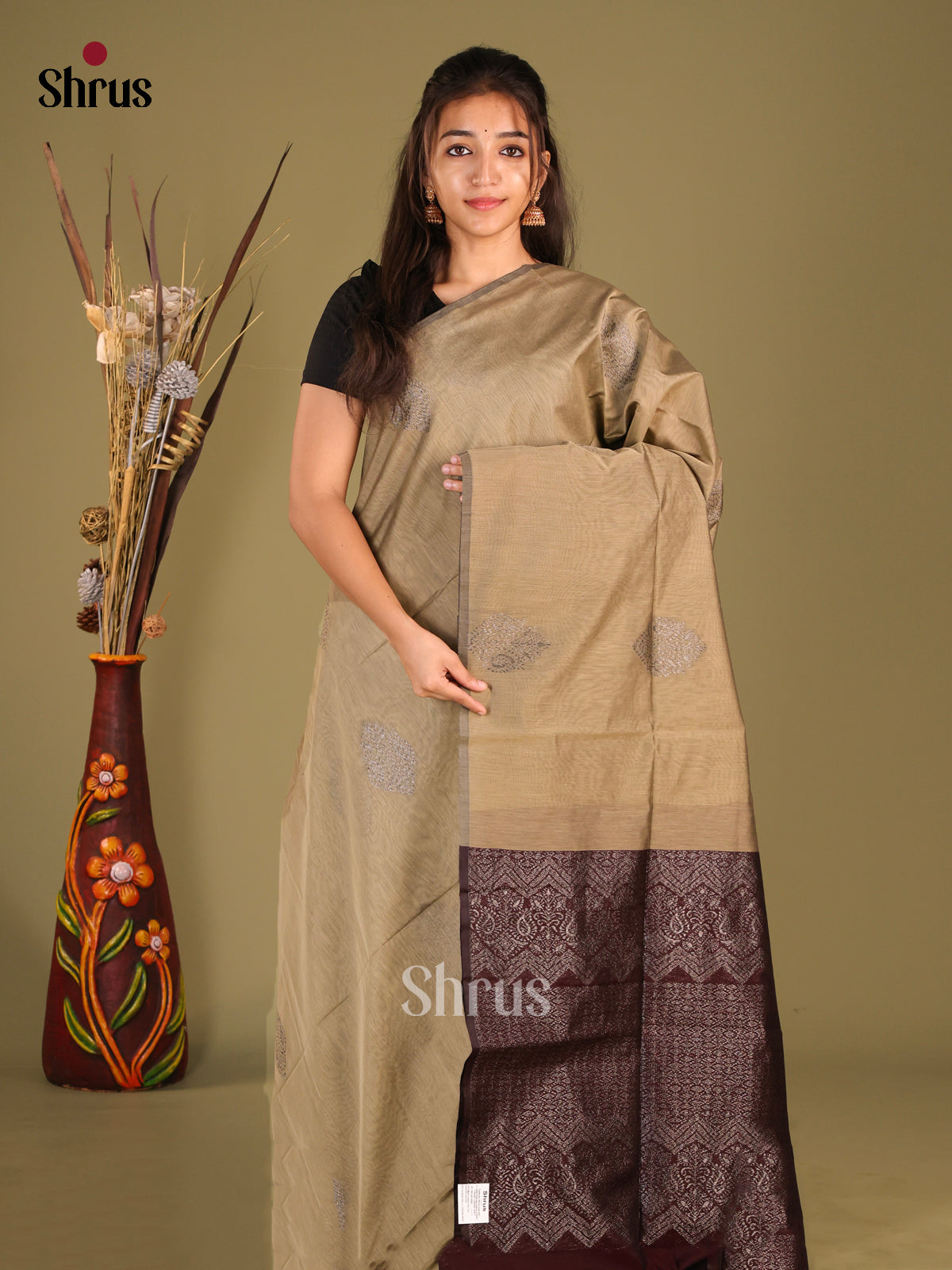Grey & Maroon - Semi Silkcotton Saree - Shop on Shrus.com