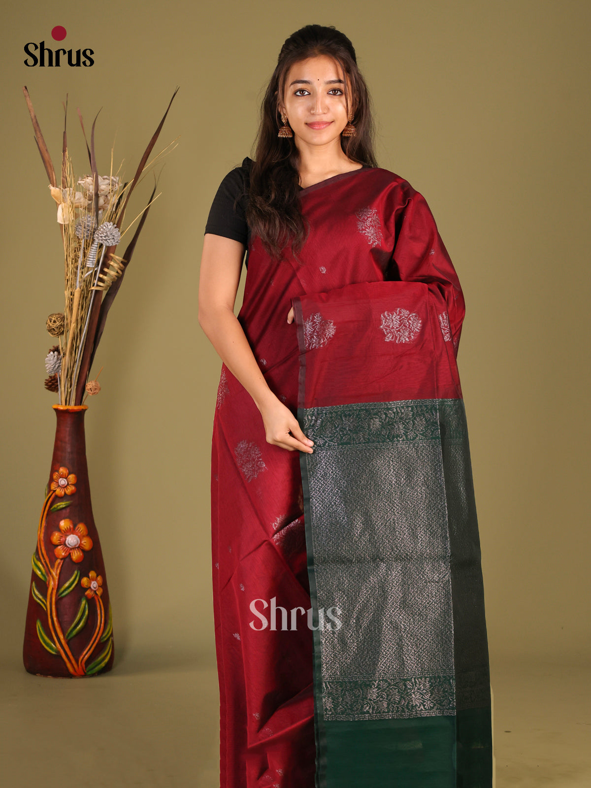 Maroon & Green - Semi Silkcotton Saree - Shop on Shrus.com