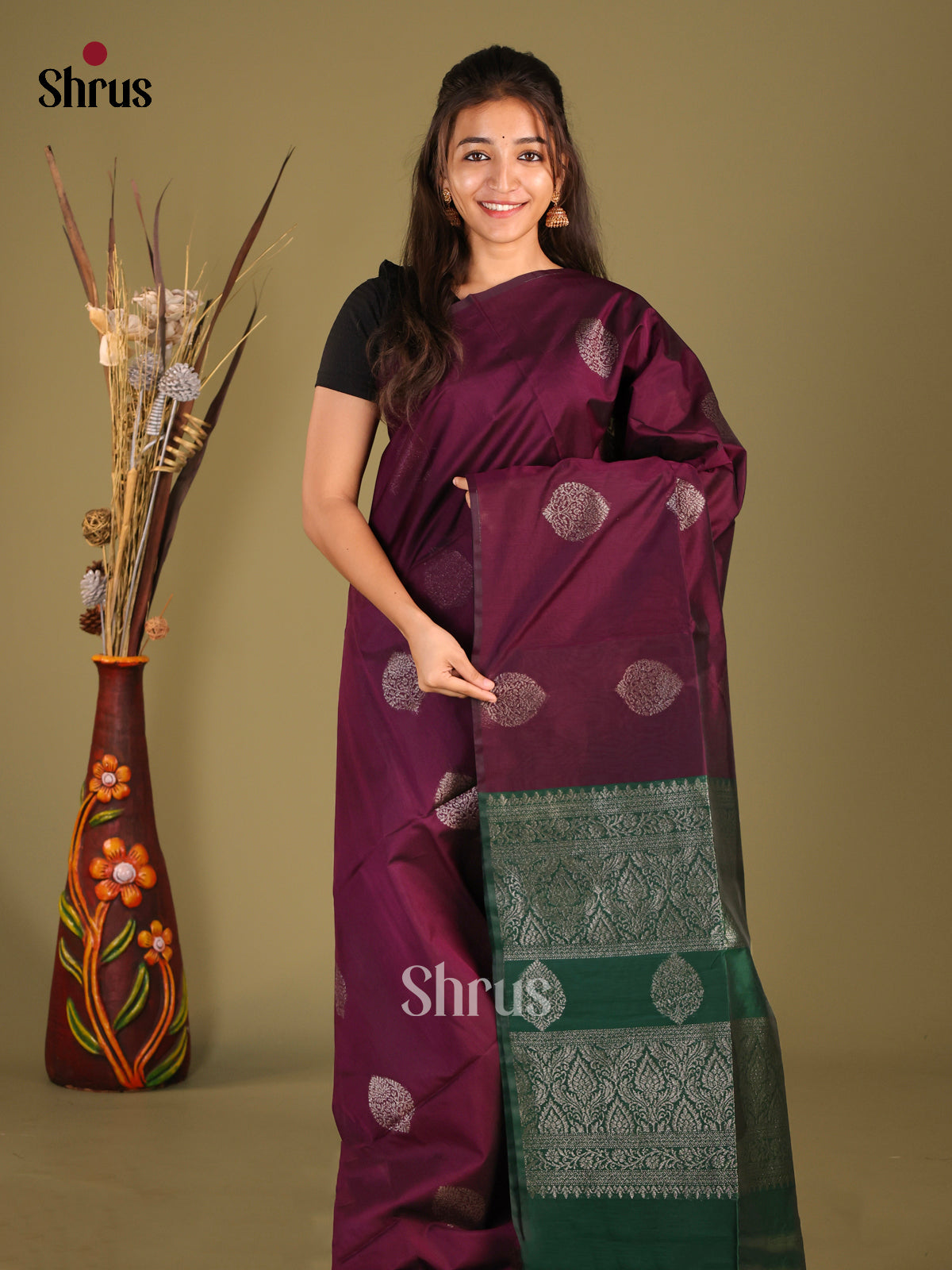 Purple & Green - Semi Silkcotton Saree - Shop on Shrus.com