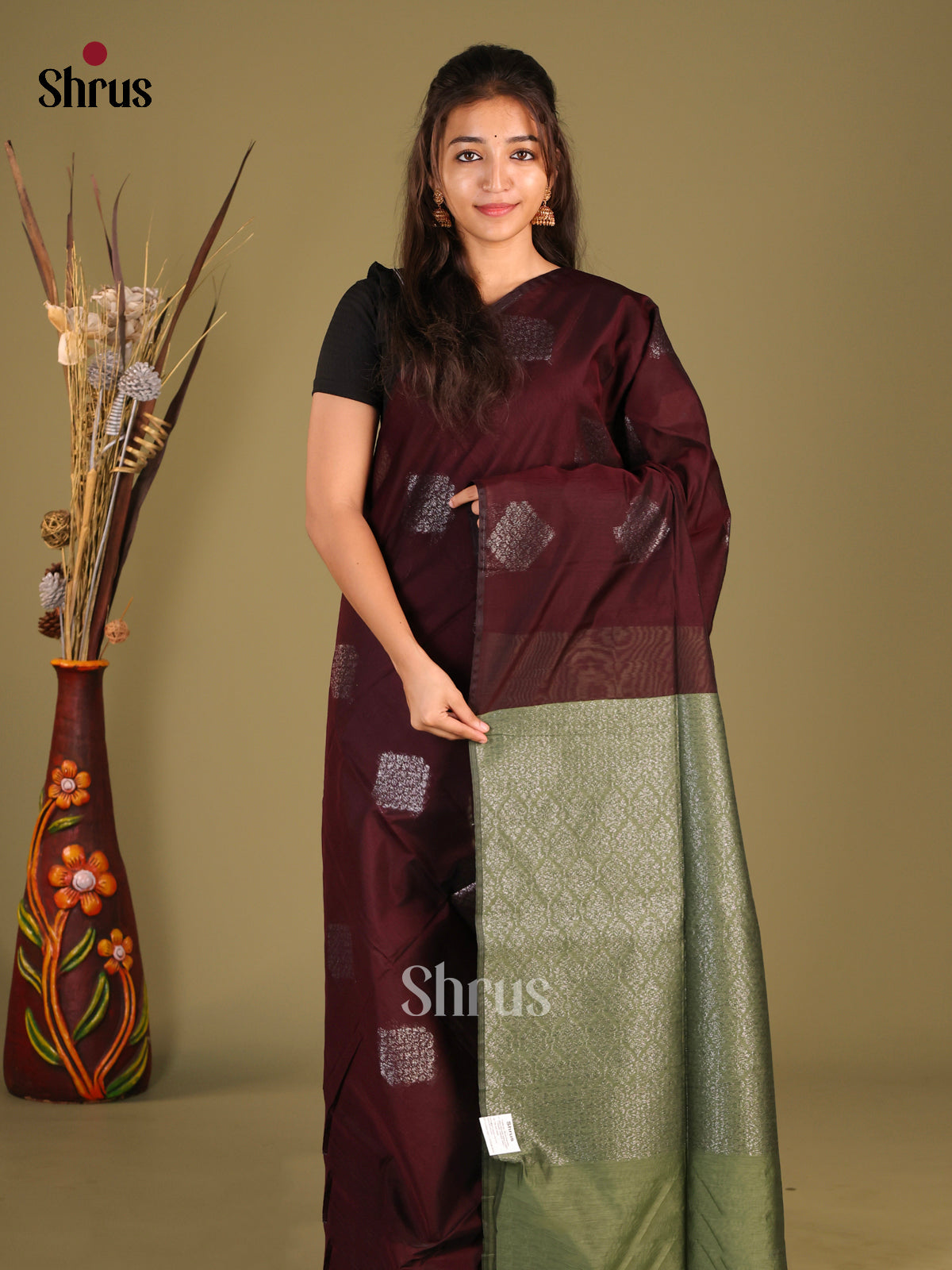Brown & Green - Semi Silkcotton Saree
