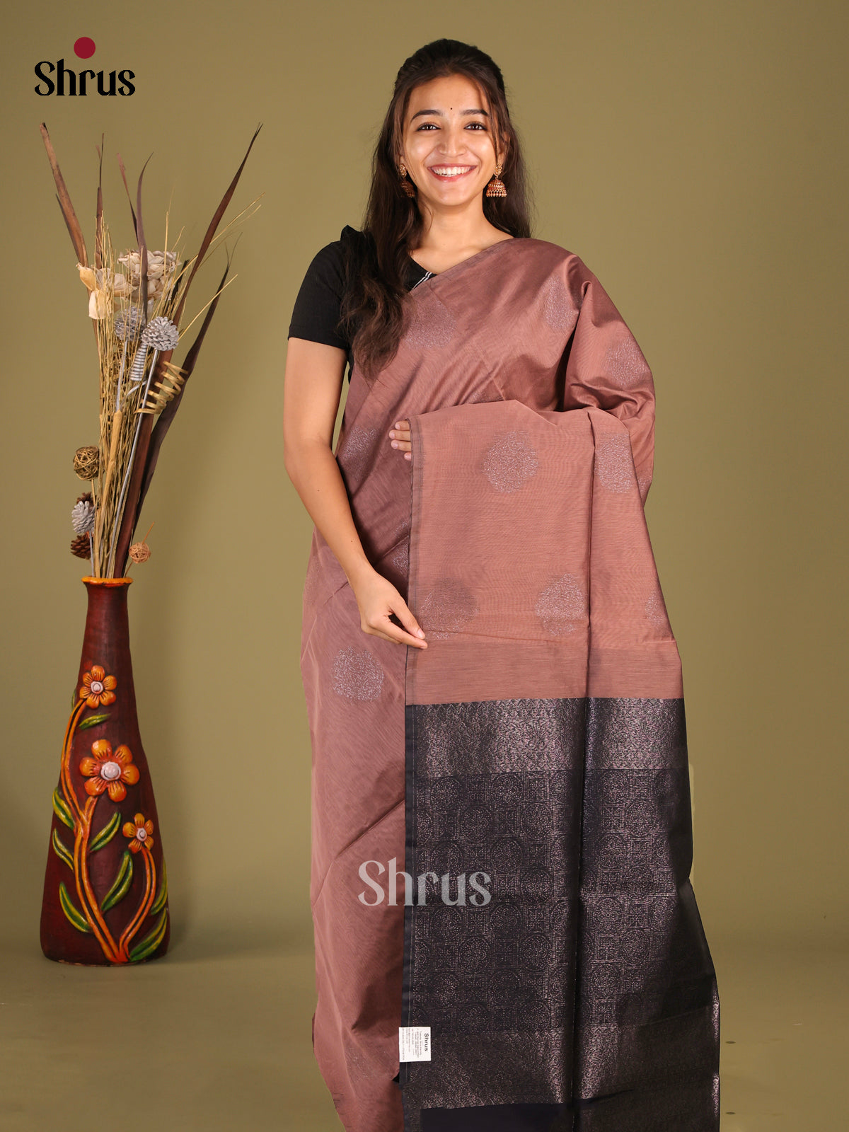 Dusty Brown & Blue- Semi Silkcotton Saree - Shop on Shrus.com