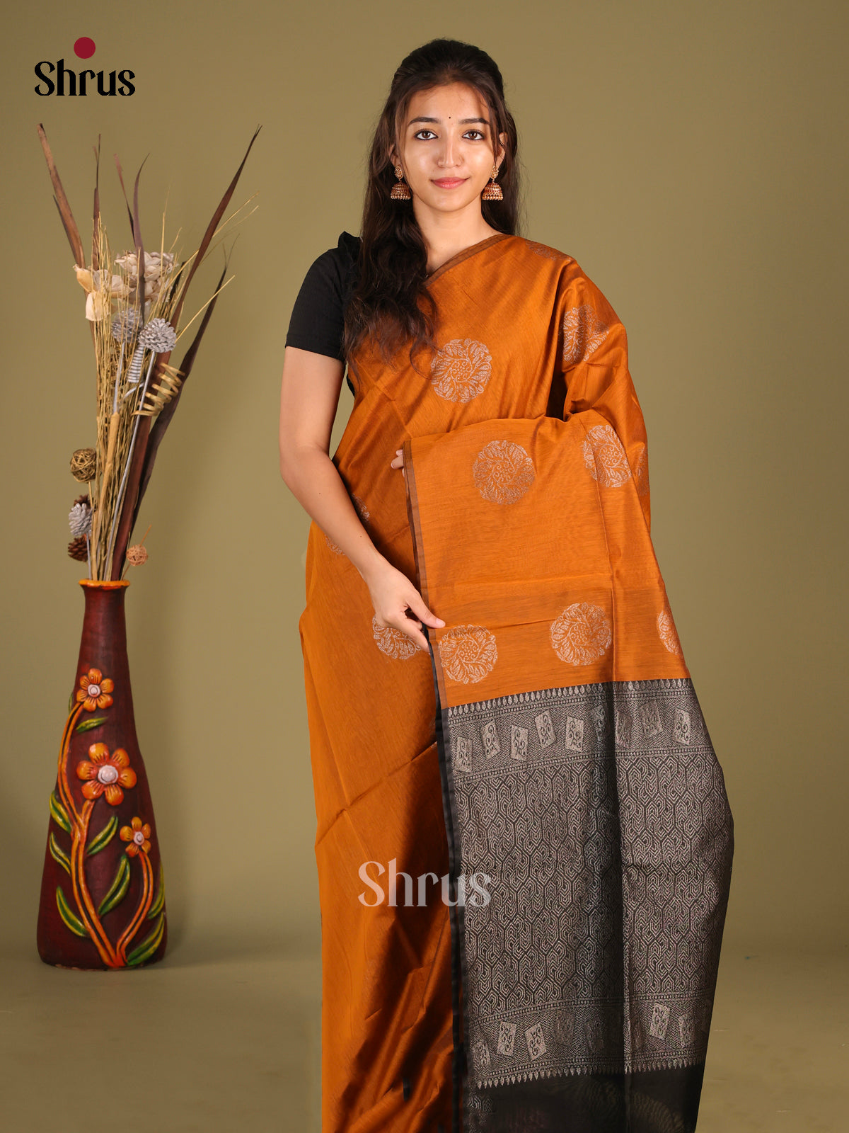 dark Mustard & Black- Semi Silkcotton Saree - Shop on Shrus.com
