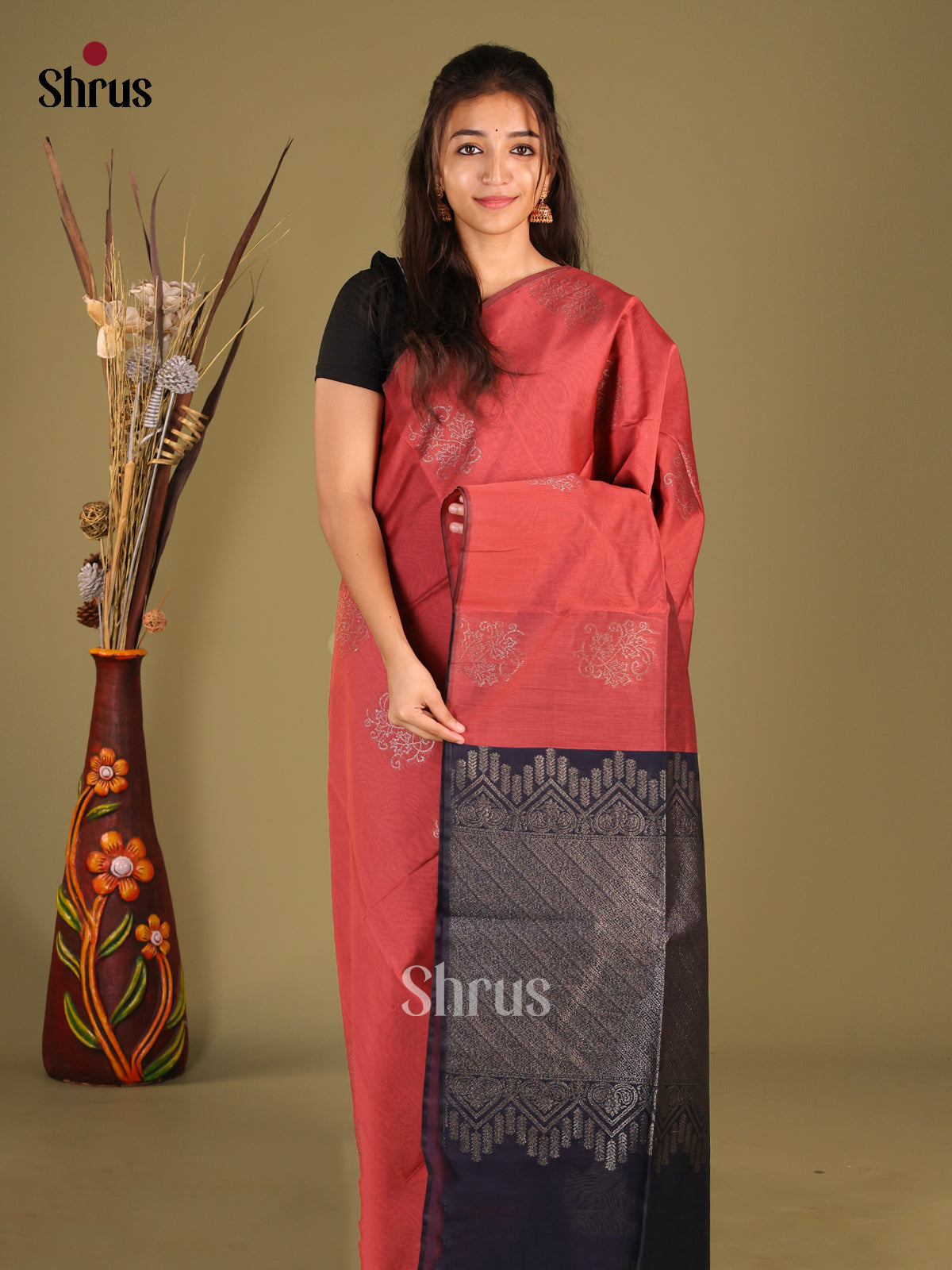 Maroon & Blue- Semi Silkcotton Saree - Shop on Shrus.com