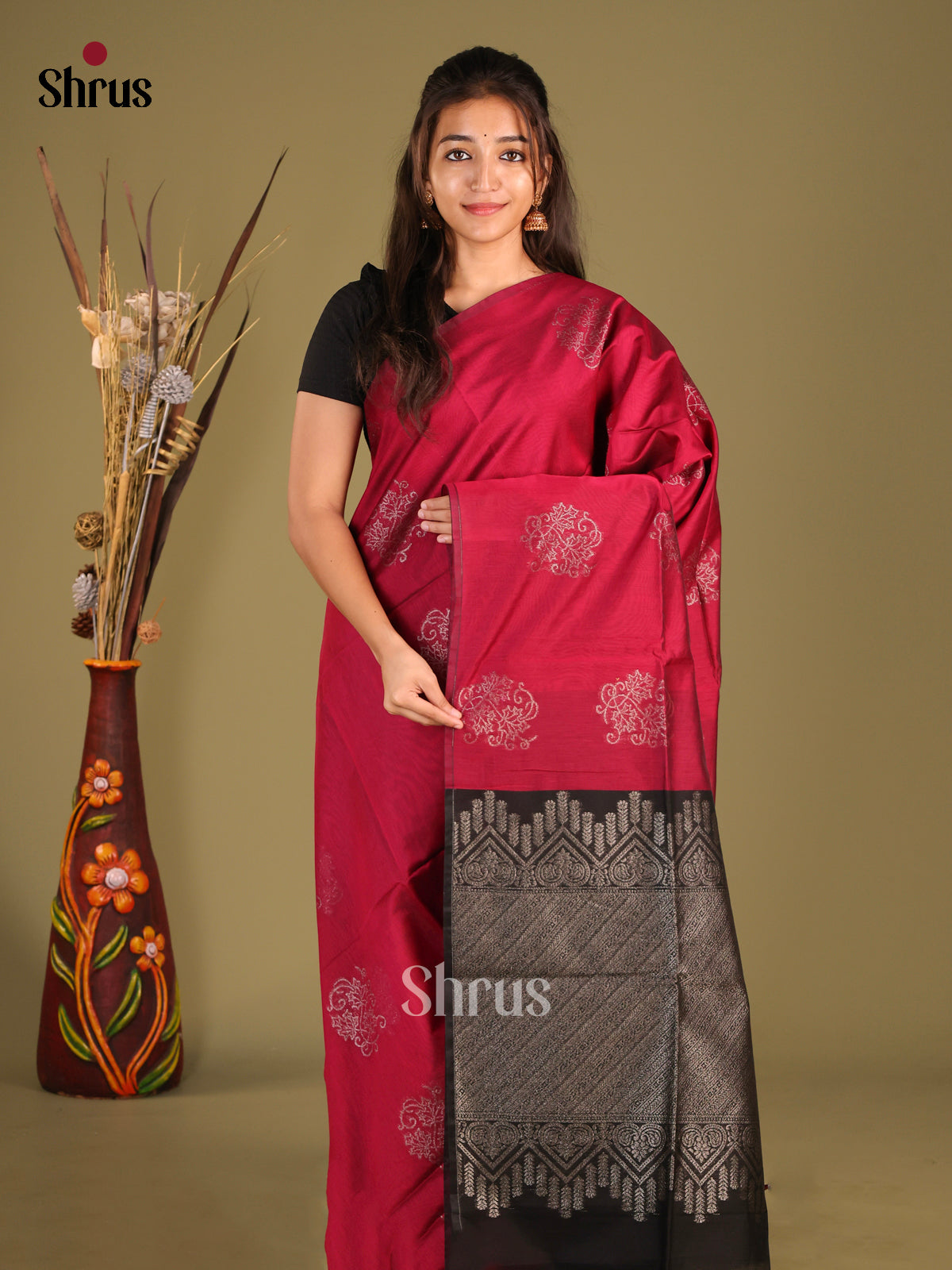 Maroon & Black - Semi Silkcotton Saree - Shop on Shrus.com