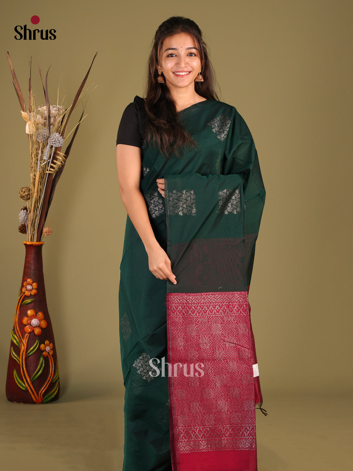Green & Maroon - Semi Silkcotton Saree - Shop on Shrus.com
