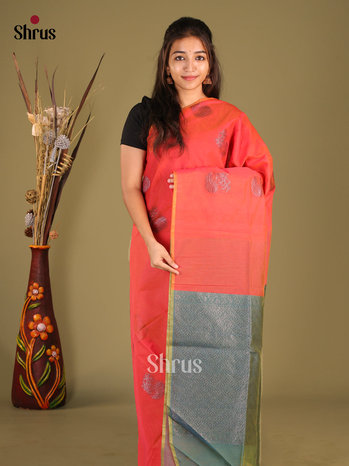Orange & Green - Semi Silkcotton Saree