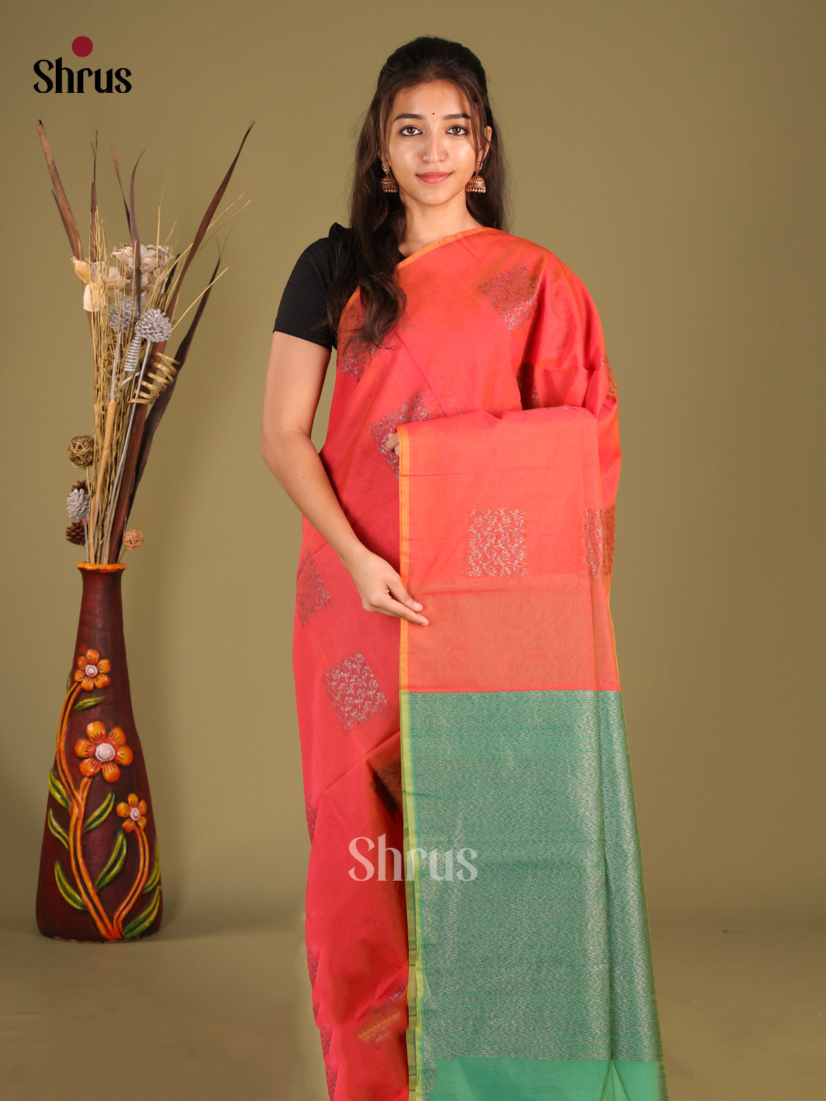 Orange & Green - Semi Silkcotton Saree - Shop on Shrus.com