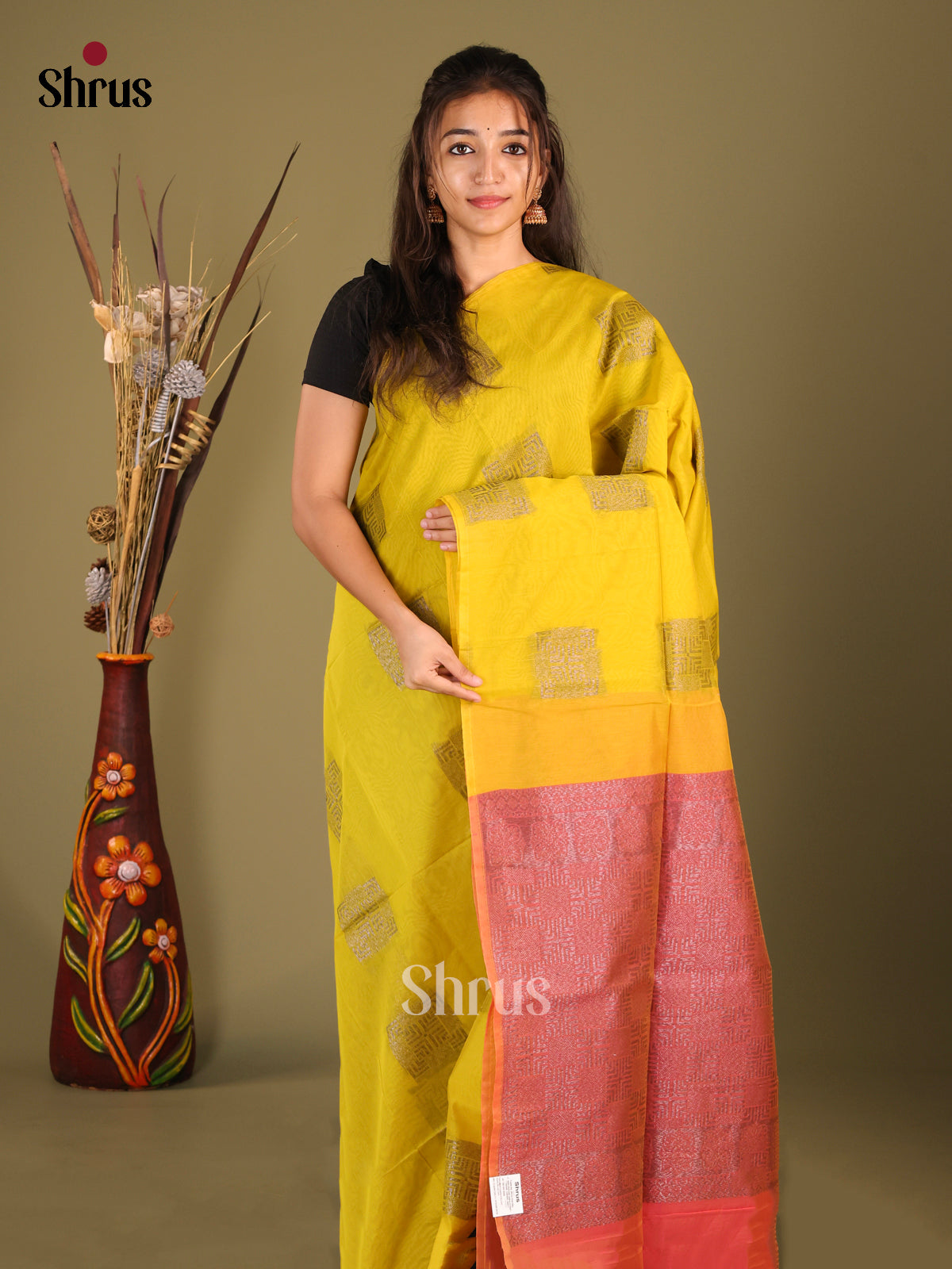 Mustardy Green & Brick- Semi Silkcotton Saree - Shop on Shrus.com