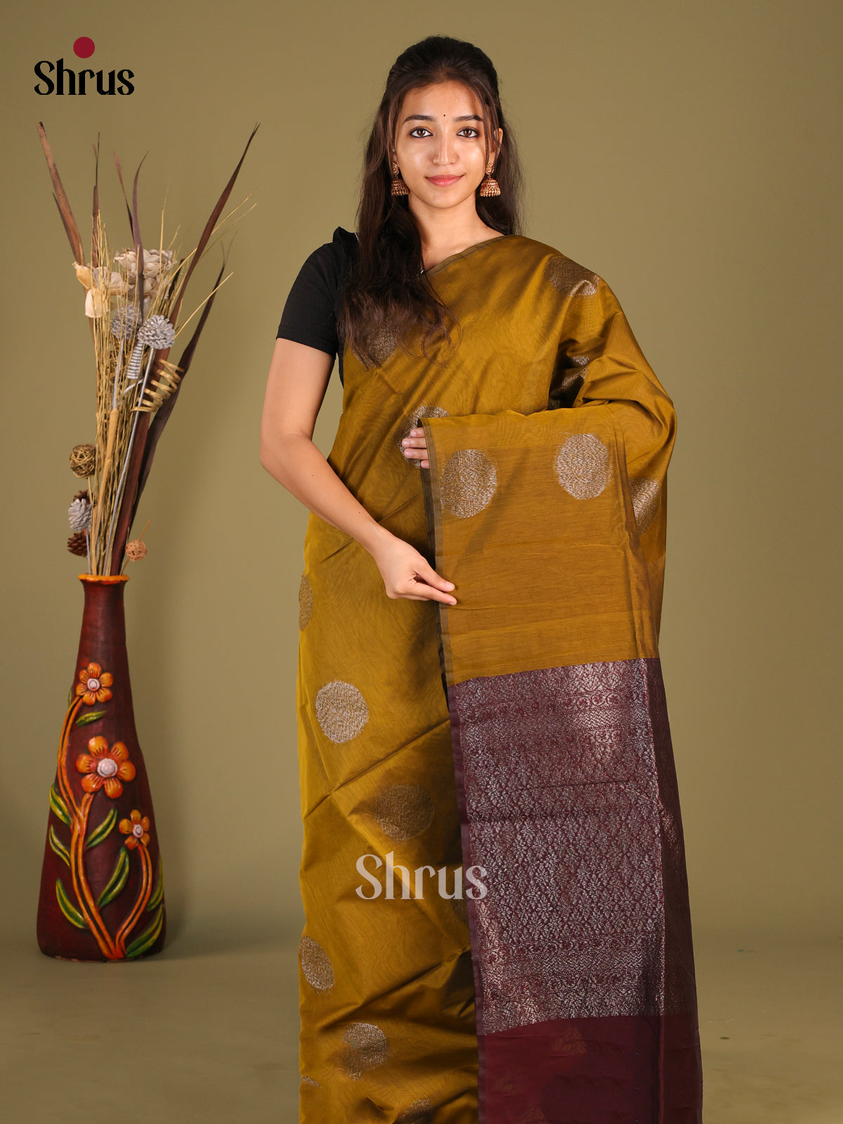 Mehandi & Maroon - Semi Silkcotton Saree - Shop on Shrus.com