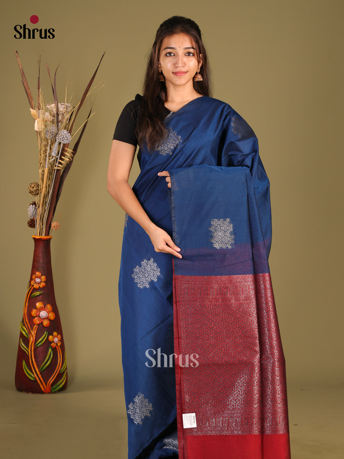 Blue & Maroon - Semi Silkcotton Saree