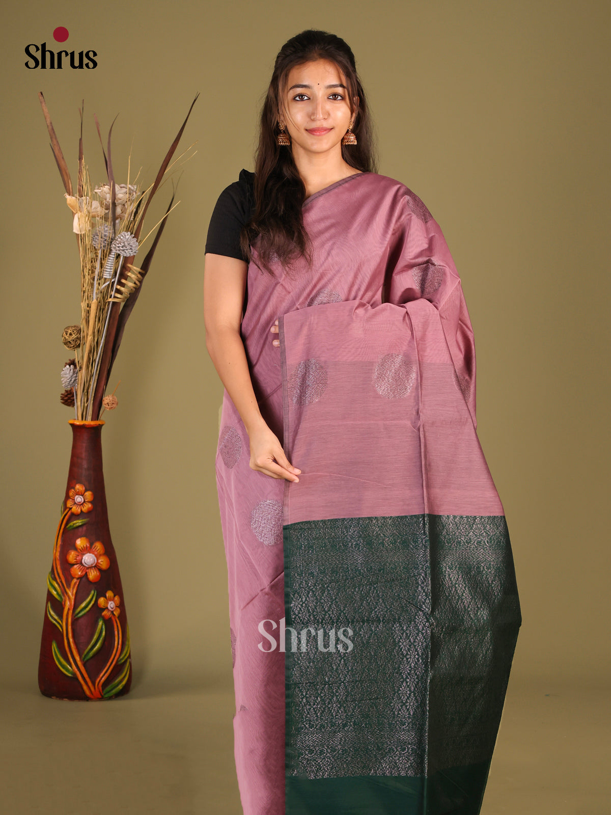 Onion Pink & Green - Semi Silkcotton Saree - Shop on Shrus.com