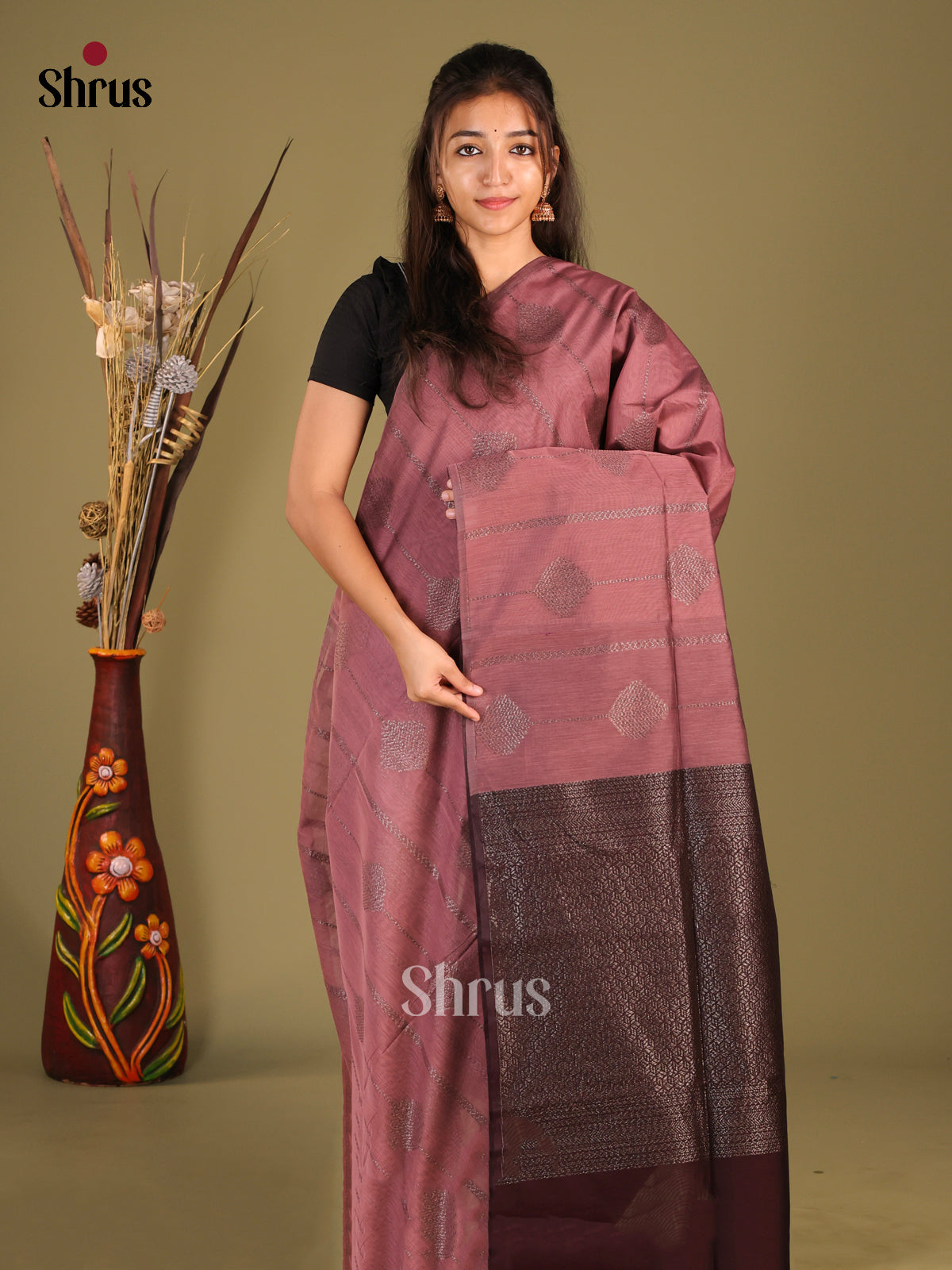 Onion Peel & Maroon - Semi Silkcotton Saree - Shop on Shrus.com