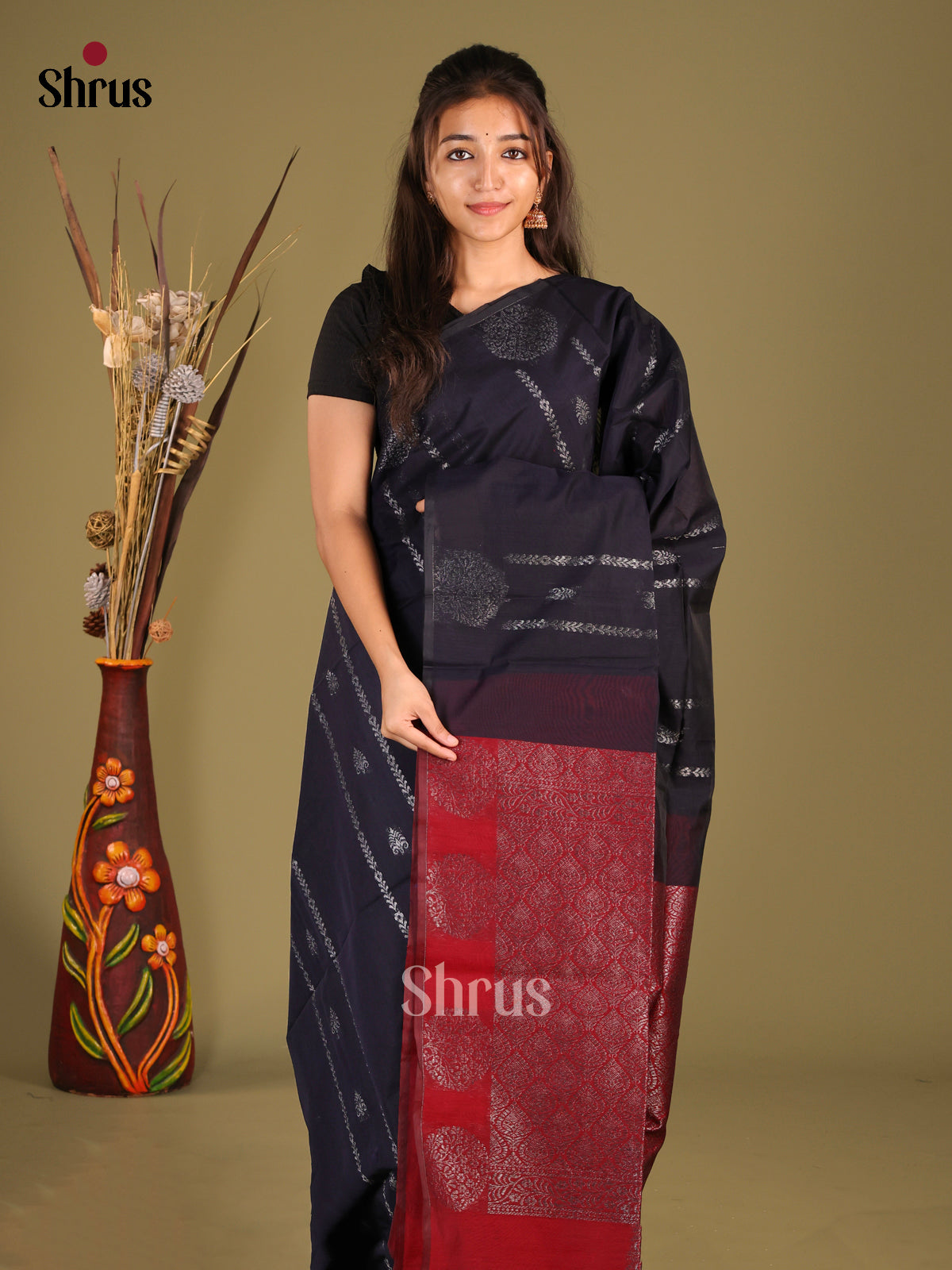 Navy Blue & Maroon - Semi Silkcotton Saree - Shop on Shrus.com