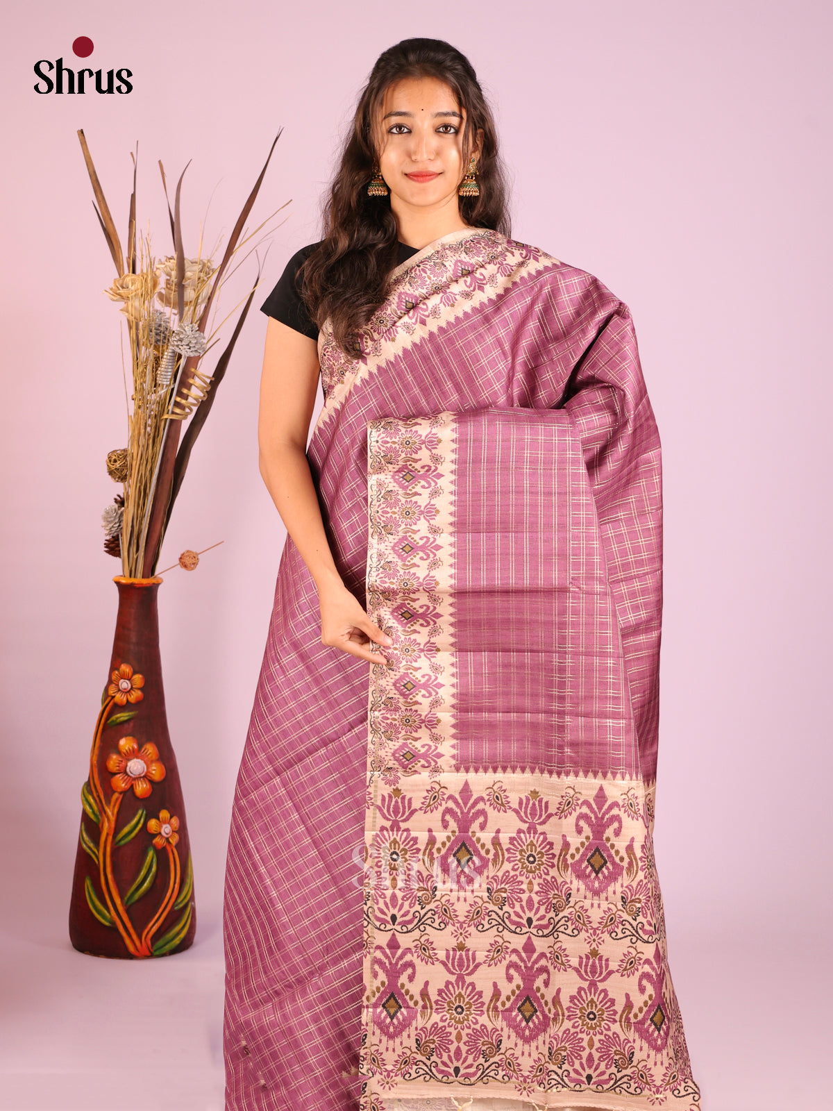 Purple & Cream - Moonga Silk Saree