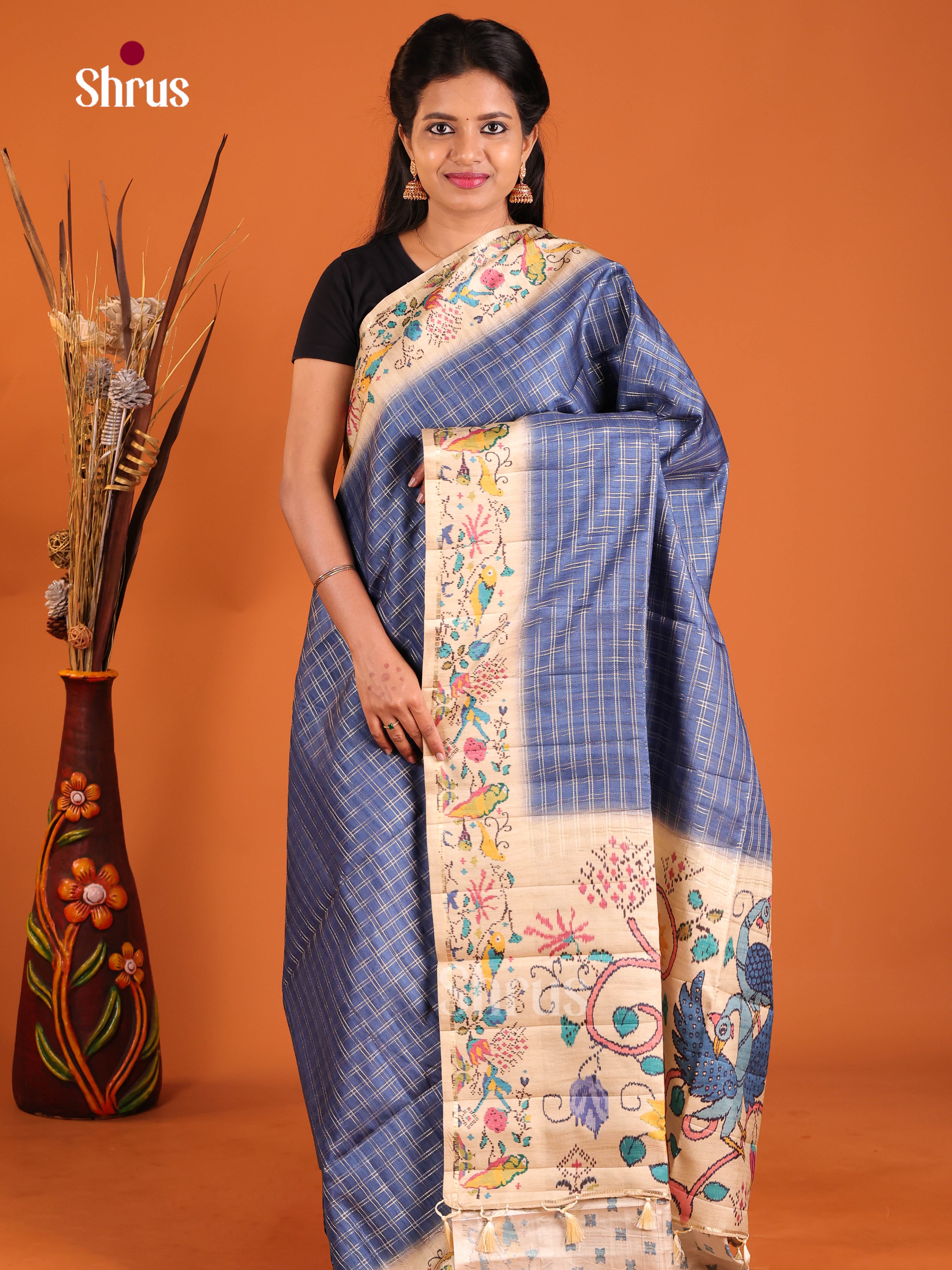 Blue & Cream - Moonga Silk Saree