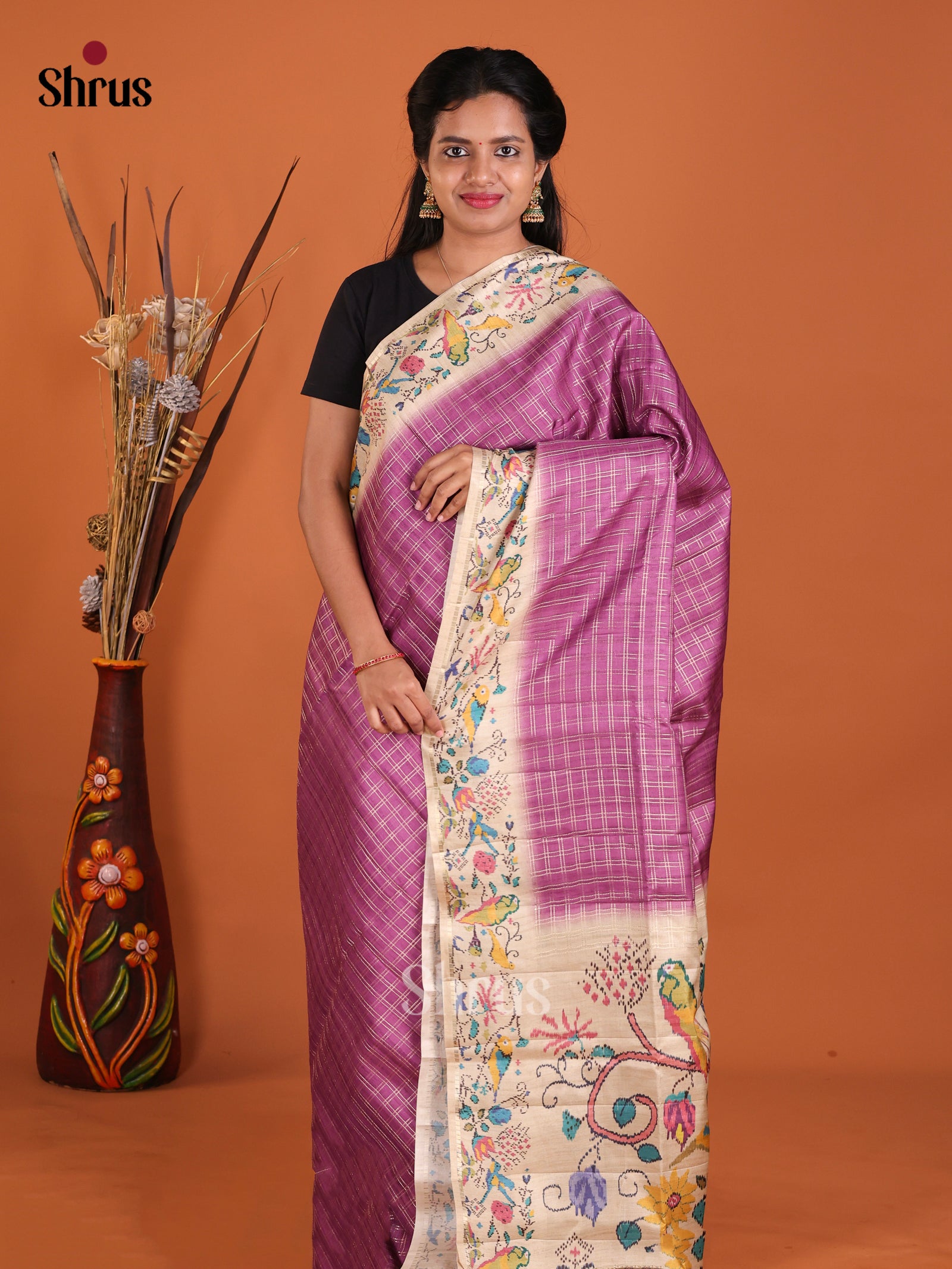 Purple & Cream- Moonga Silk Saree