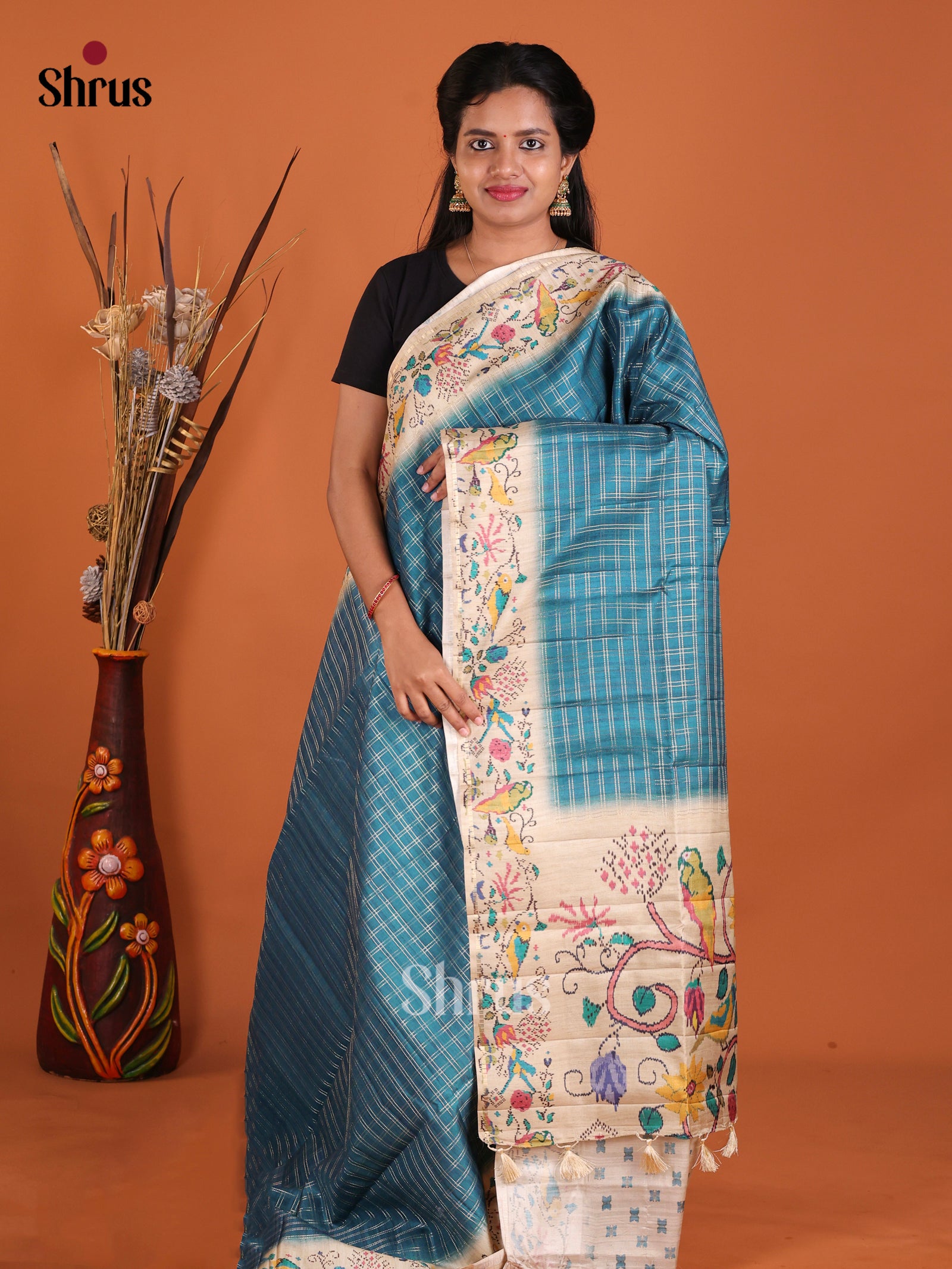 Blue & Cream - Moonga Silk Saree