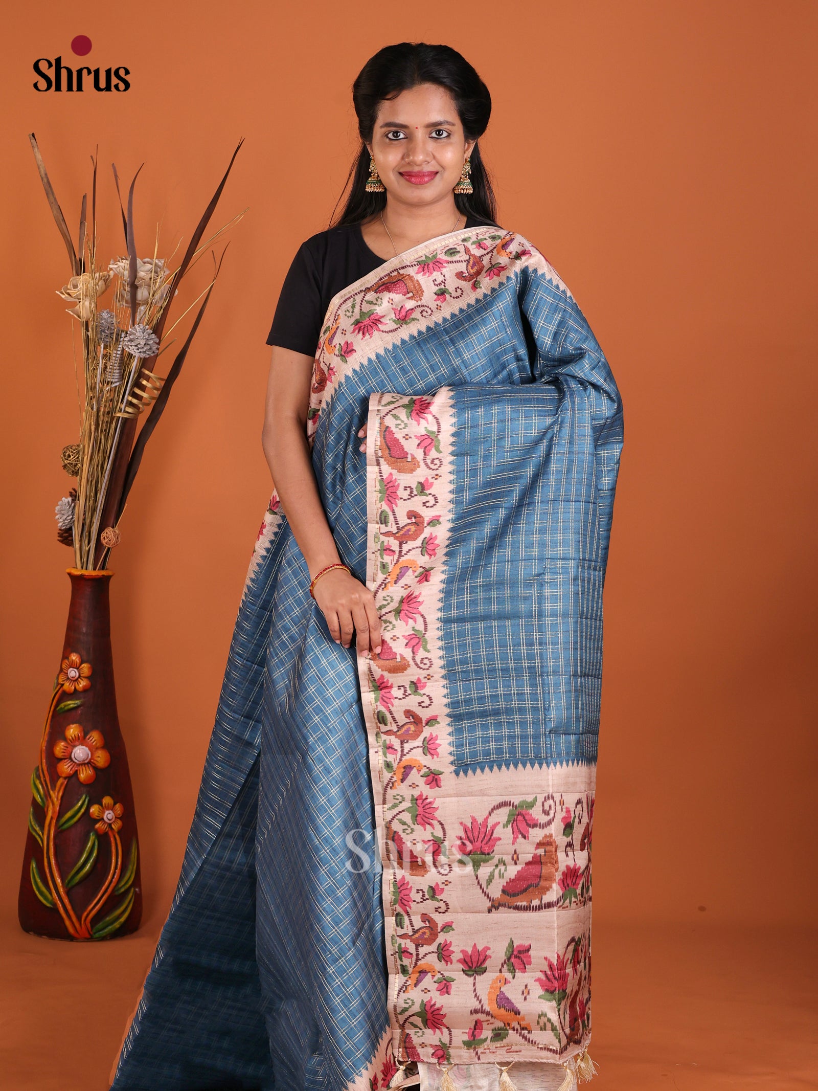 Blue & Cream - Moonga Silk Saree
