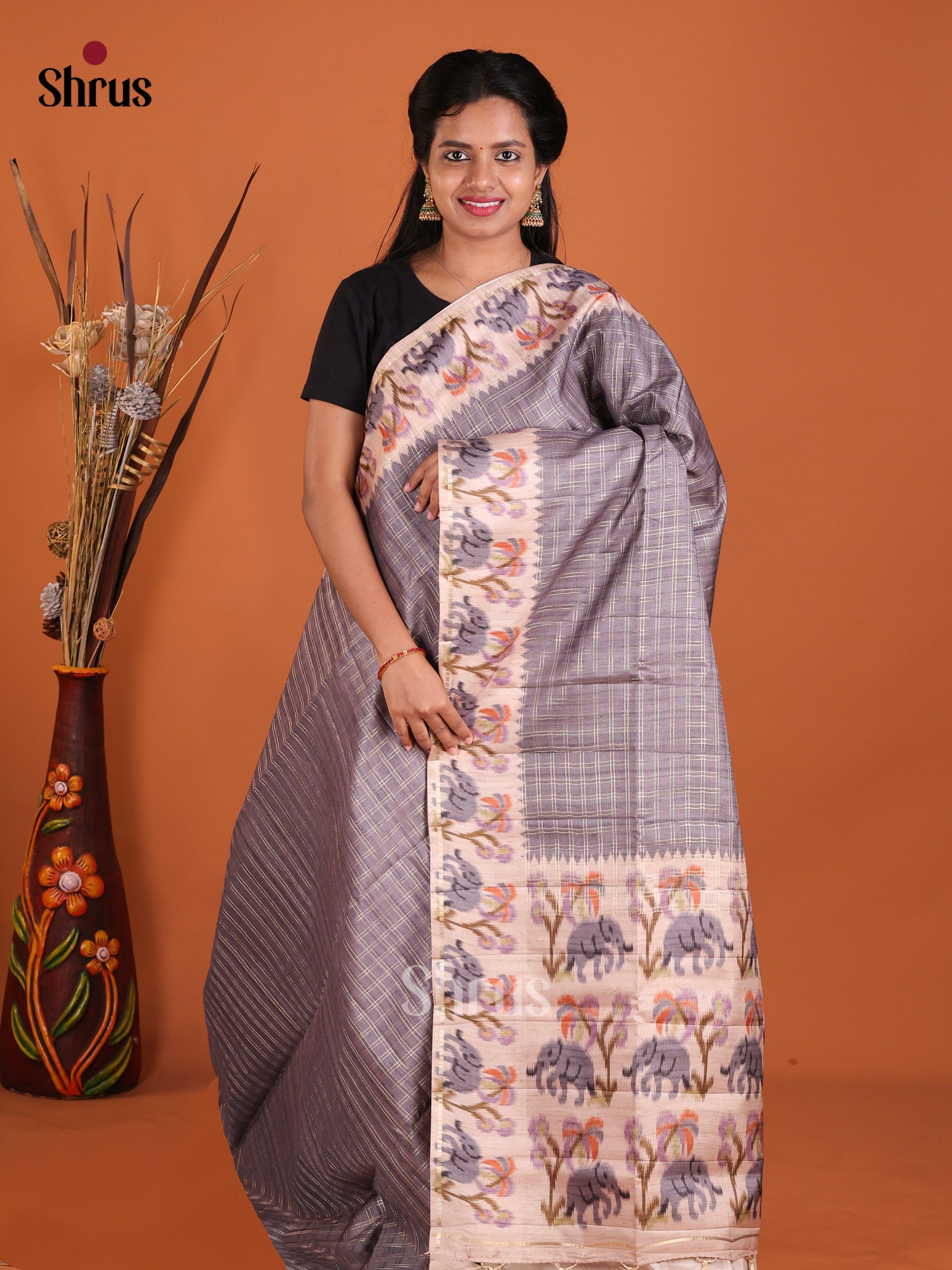 Grey & Cream - Moonga Silk Saree