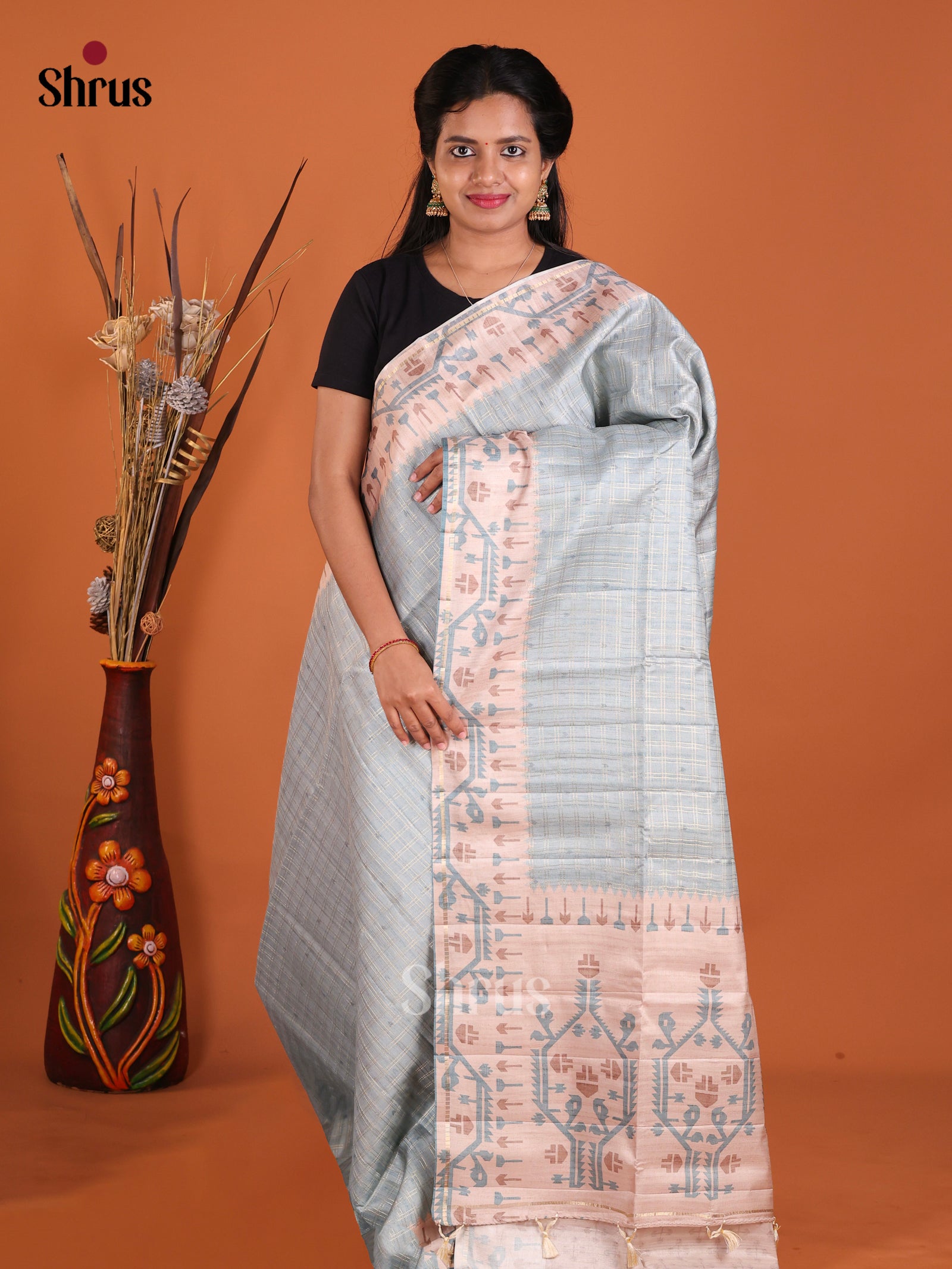 Pastel Blue & Cream - Moonga Silk Saree
