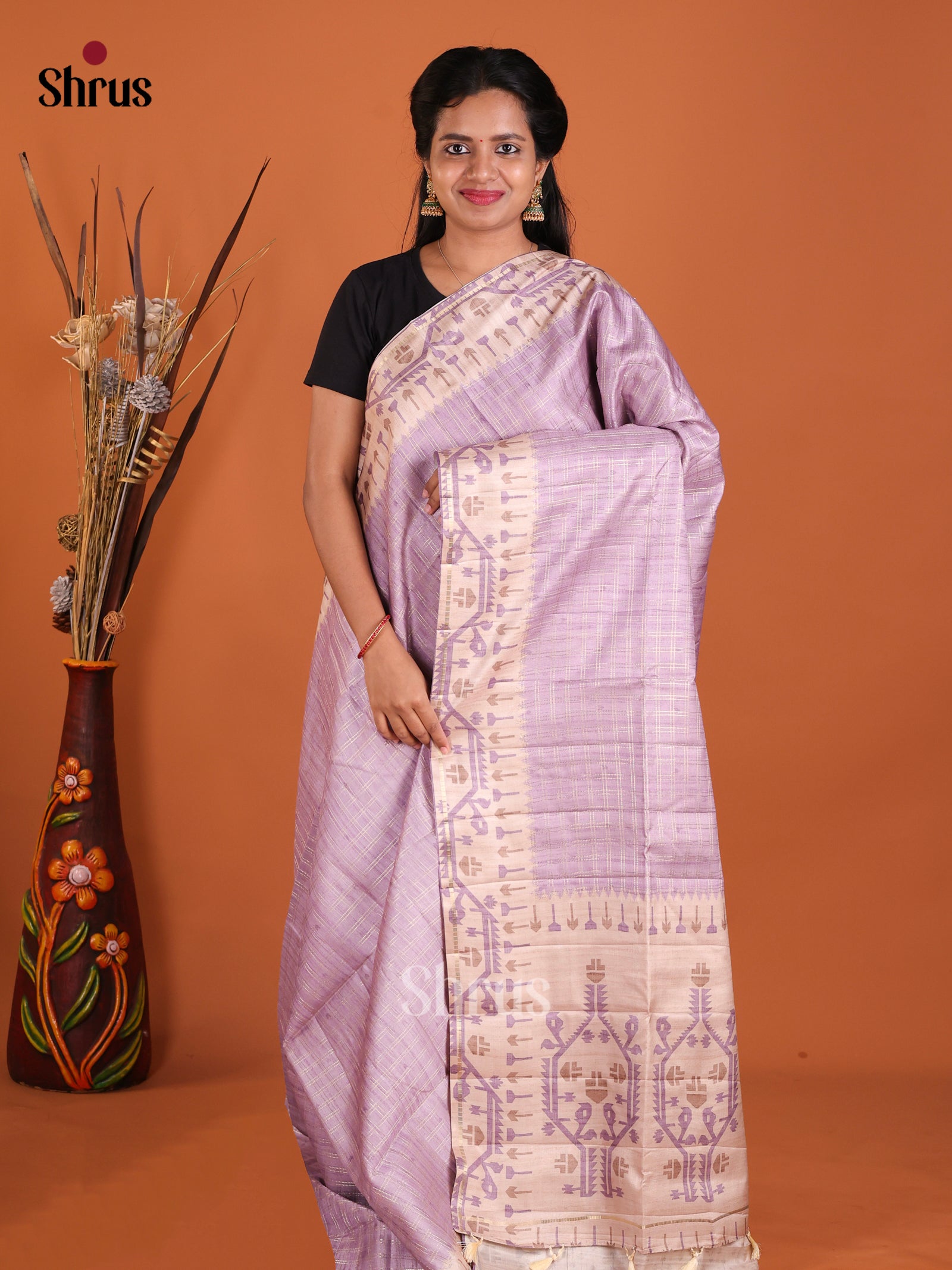 Purple & Cream - Moonga Silk Saree