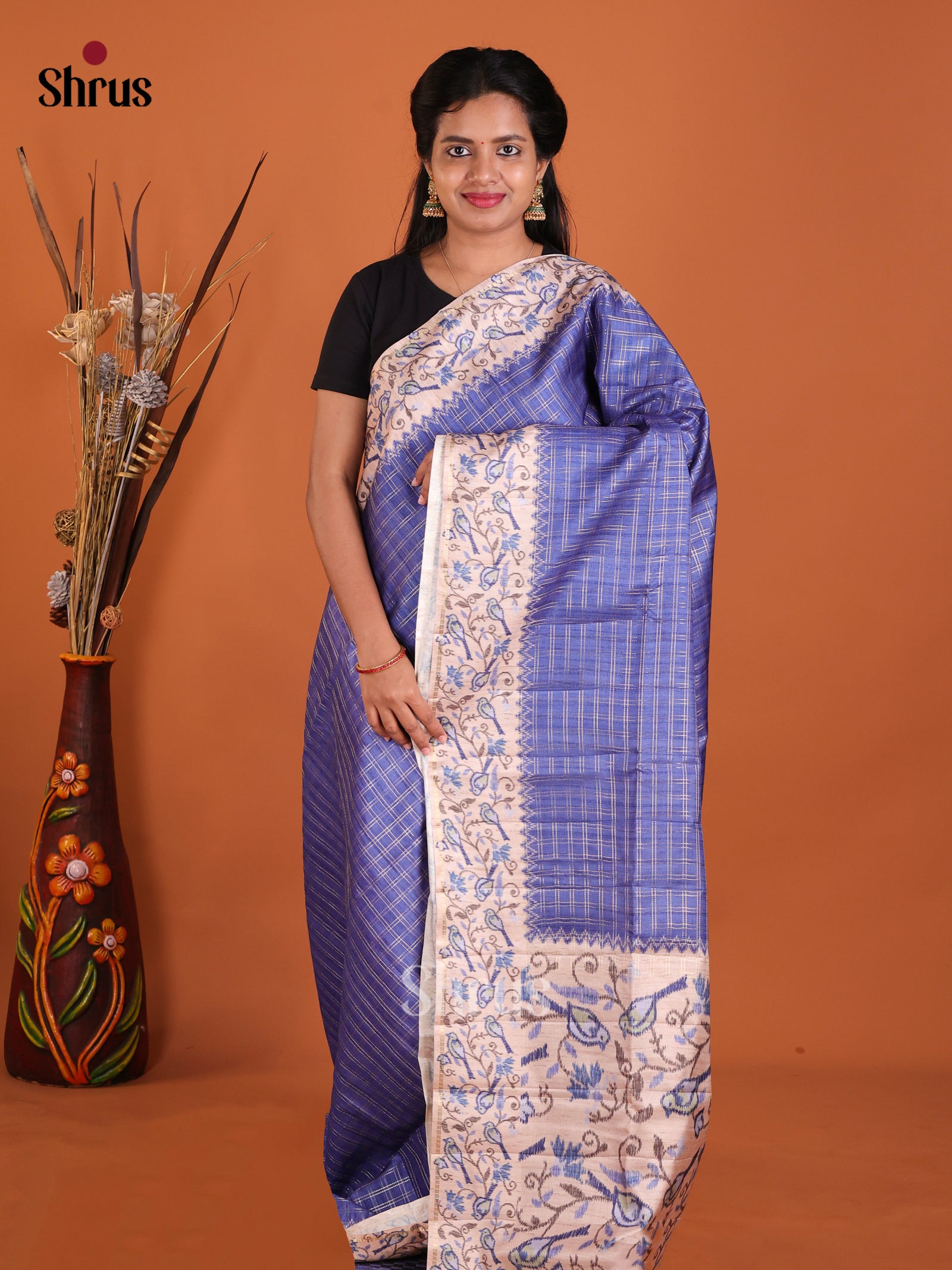 Blue & Cream - Moonga Silk Saree