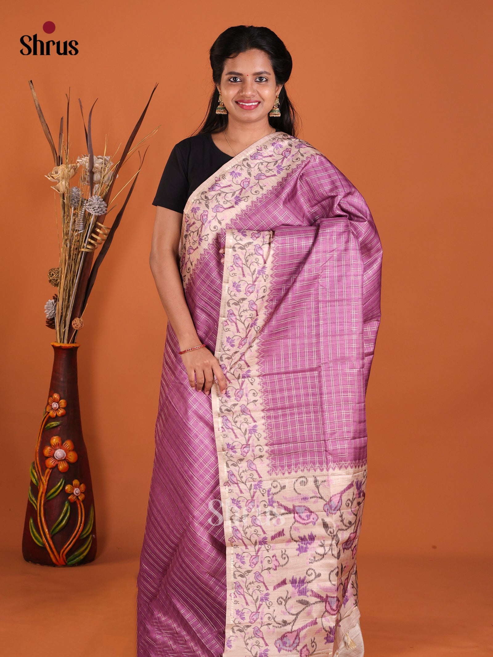 Purple & Cream - Moonga Silk Saree