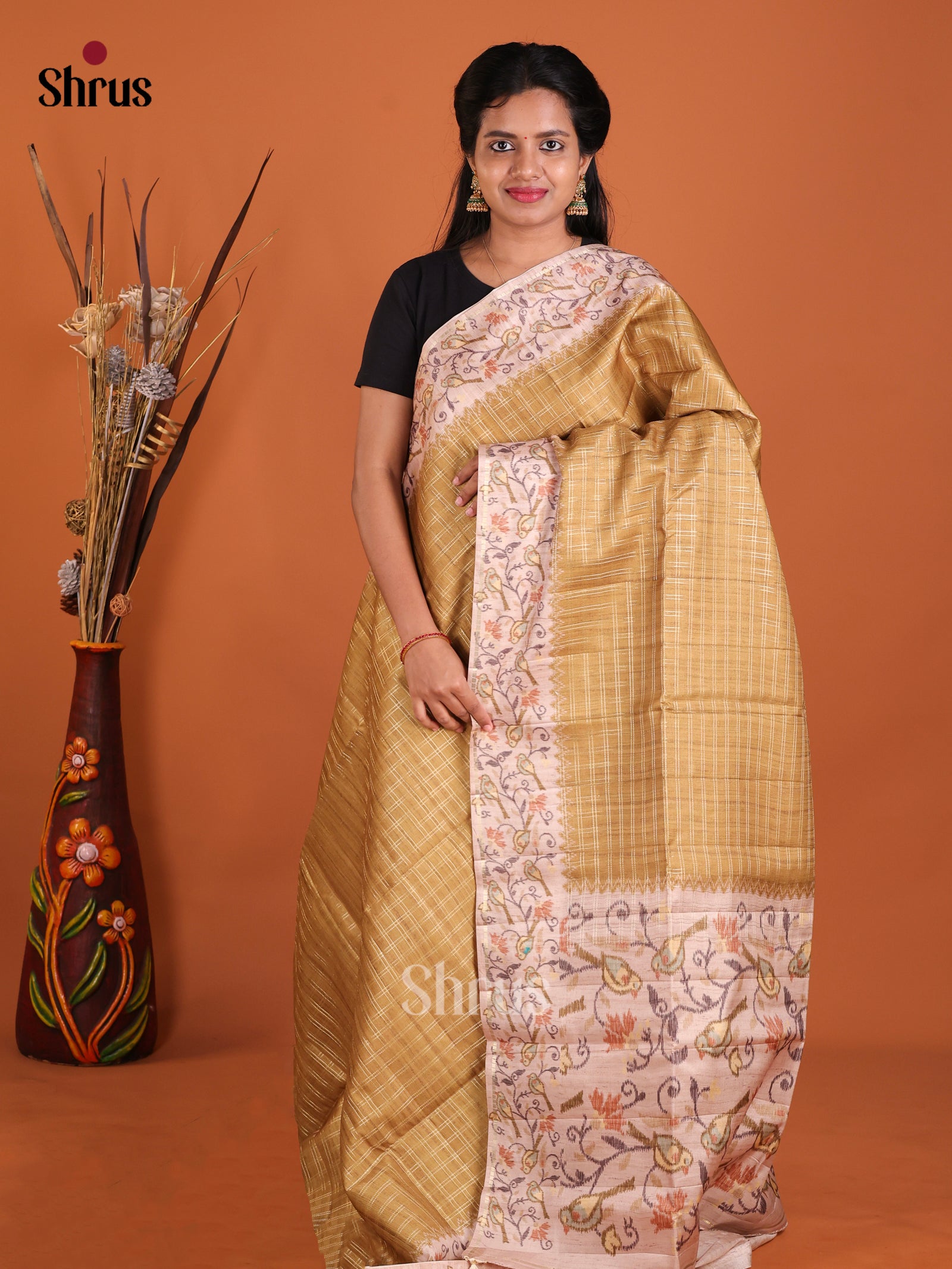 dark Mustard & Cream - Moonga Silk Saree