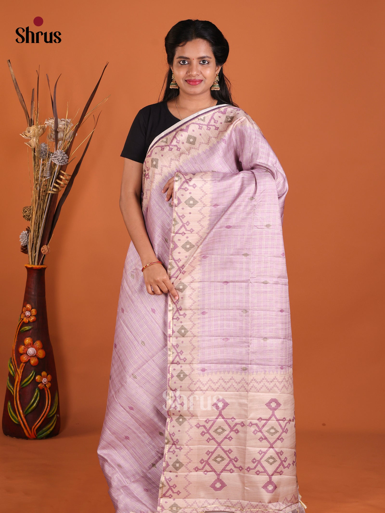 Purple & Cream - Moonga Silk Saree
