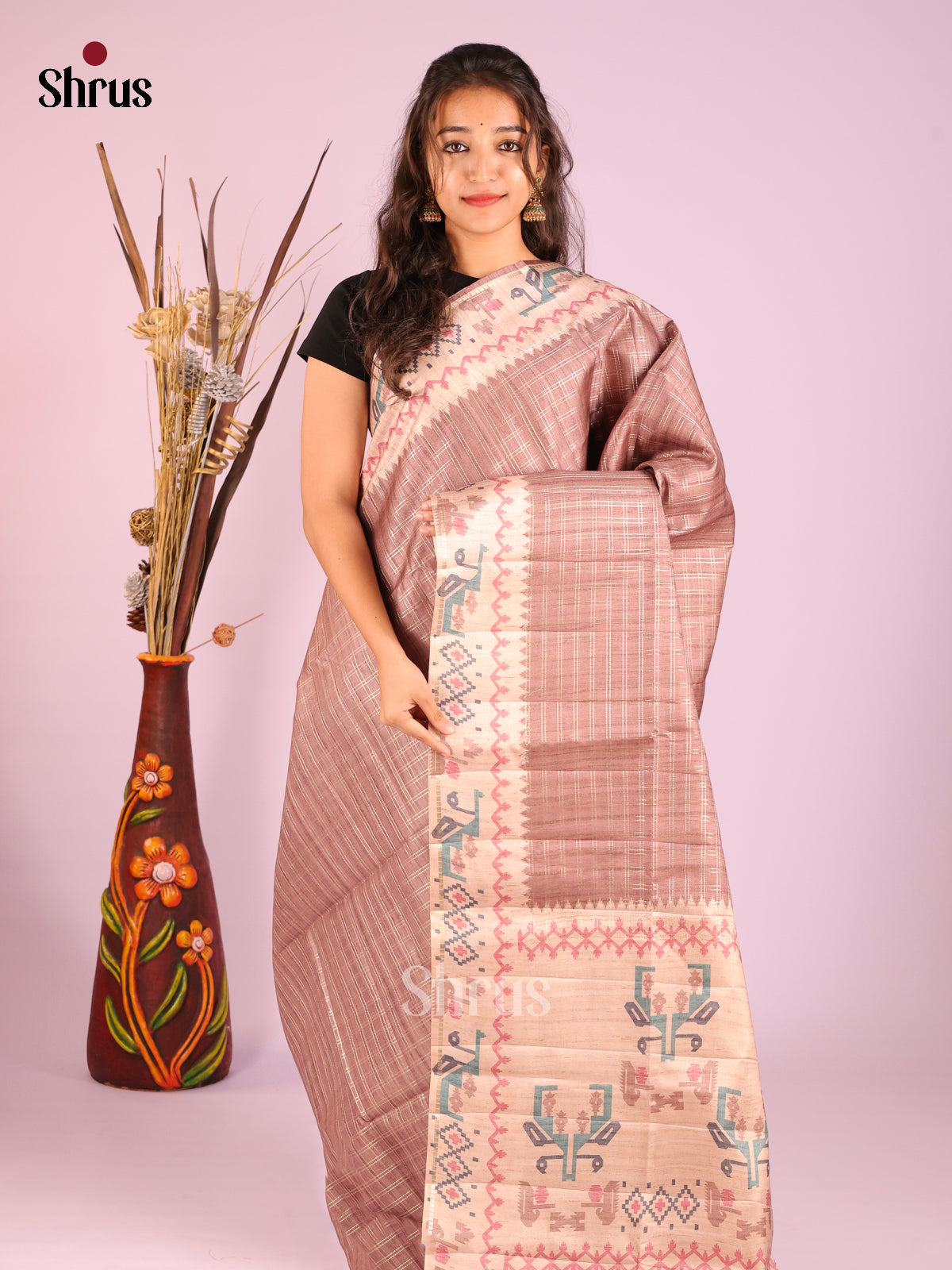Dusty Brown & Cream- Moonga Silk Saree