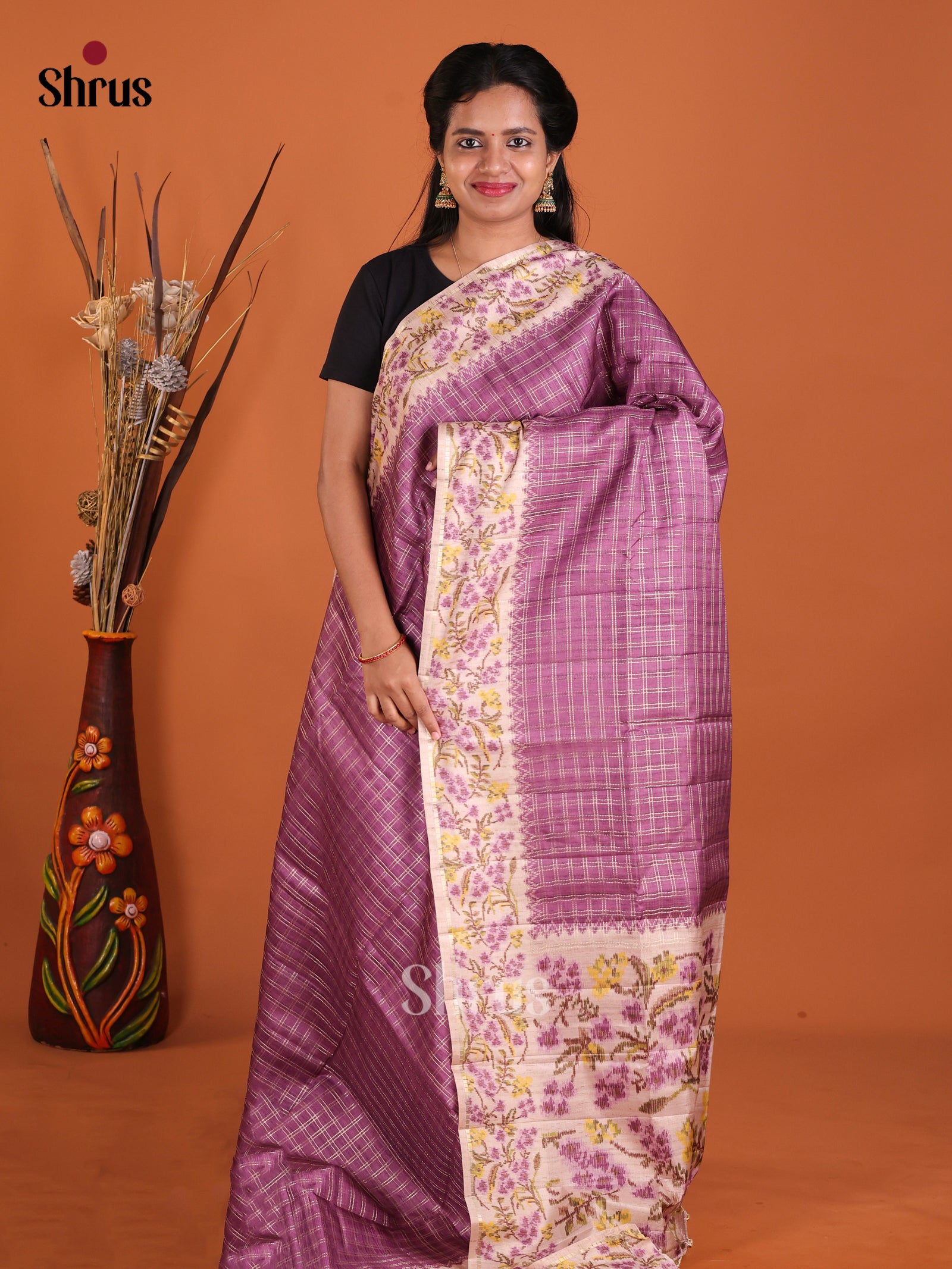 Purple & Cream - Moonga Silk Saree