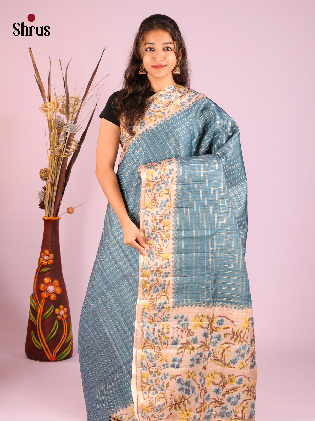Blue & Cream - Moonga Silk Saree