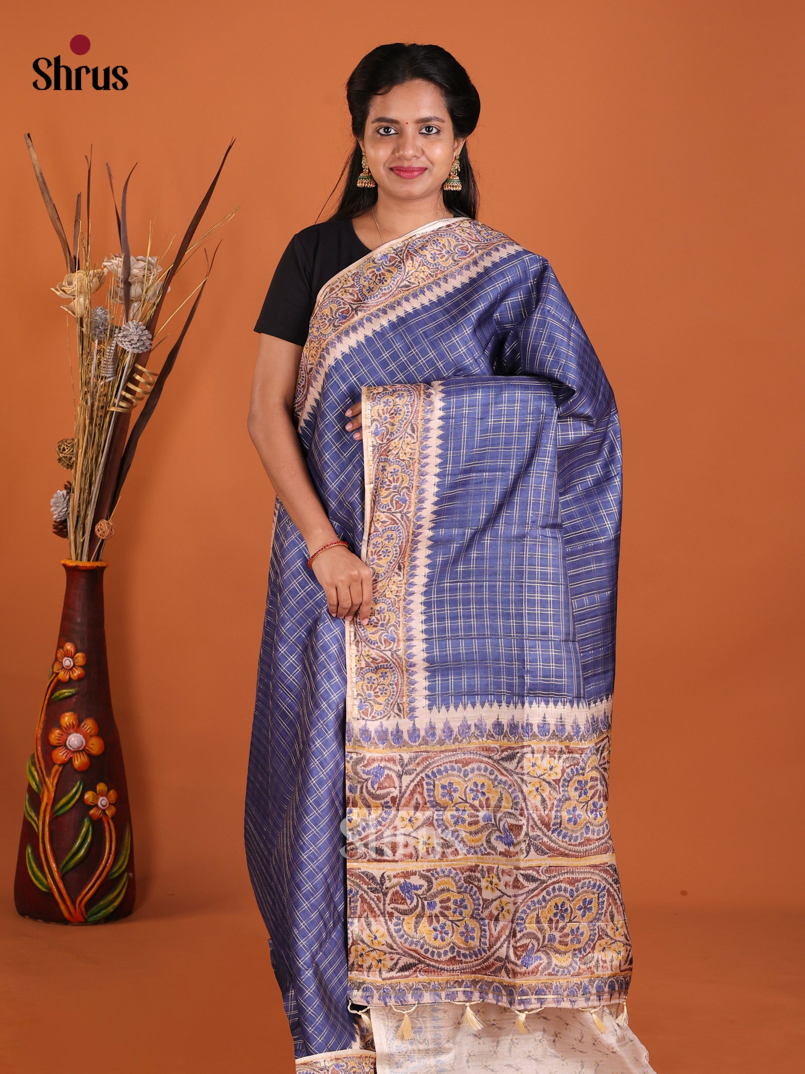 Blue & Cream - Moonga Silk Saree