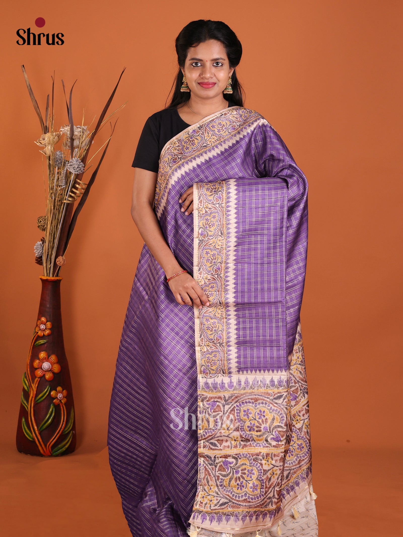 Purple & Cream - Moonga Silk Saree