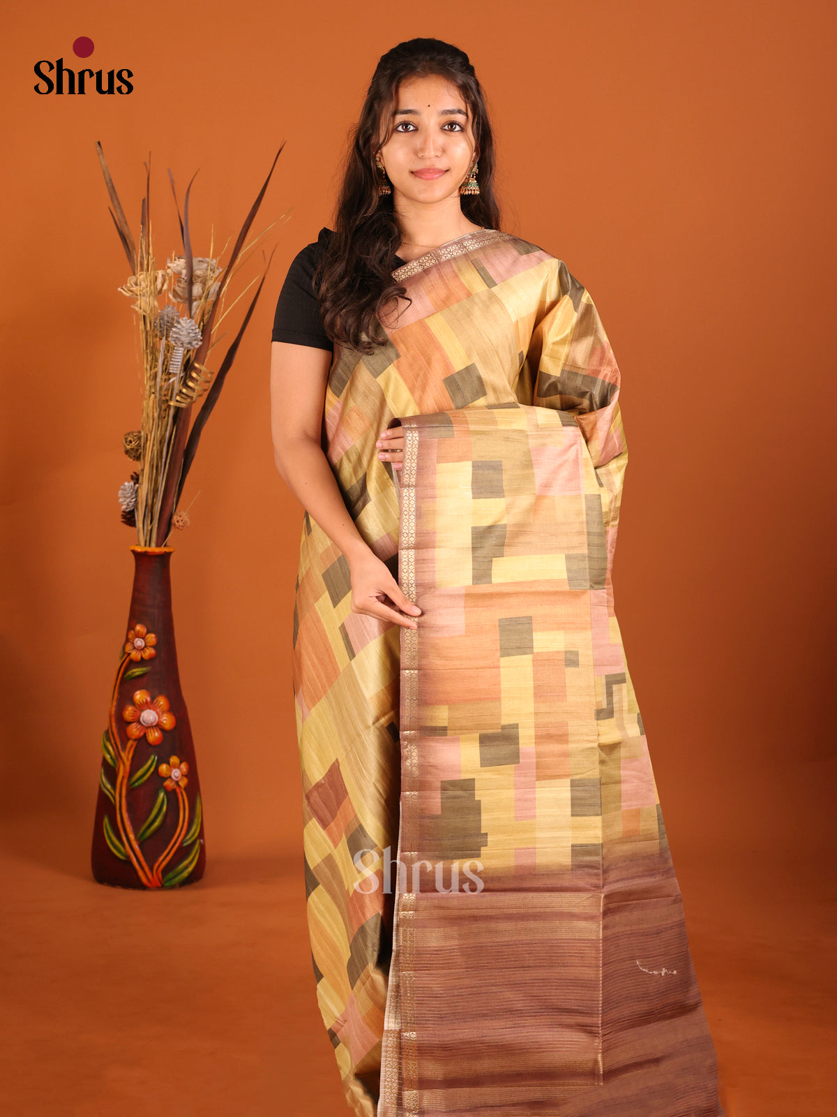 Beige & Brown - Semi matka Saree