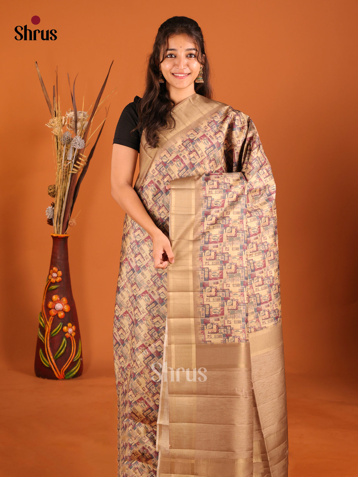 Beige - Semi matka Saree