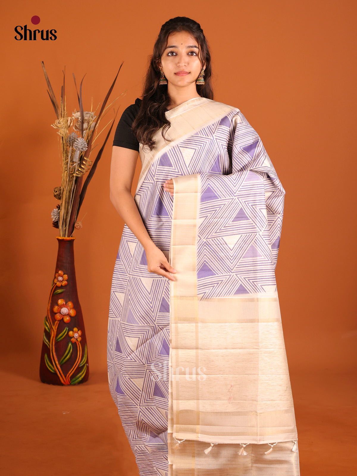 Purple & Cream - Semi matka Saree