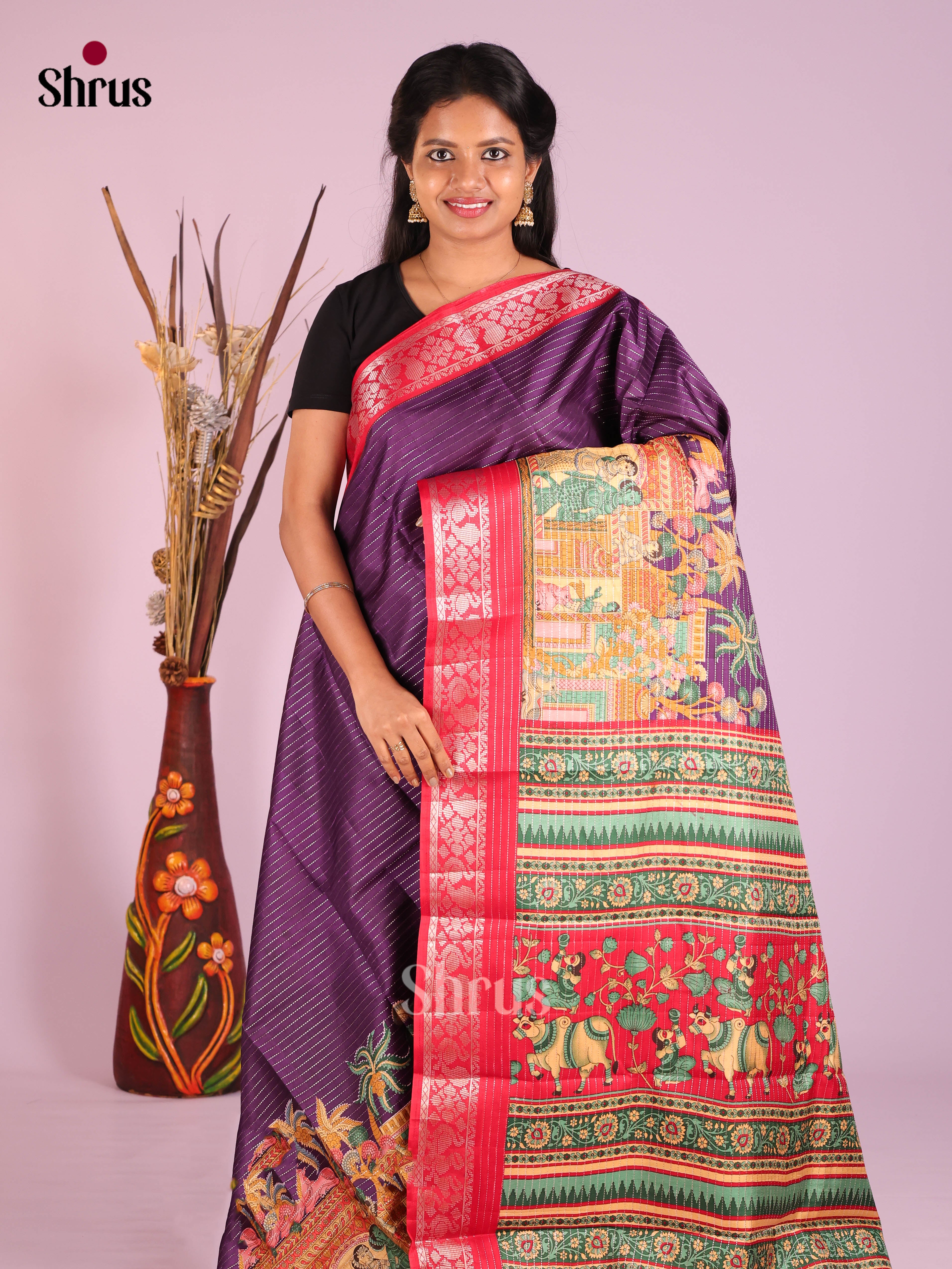 Violet & Red - Semi Tussar Saree